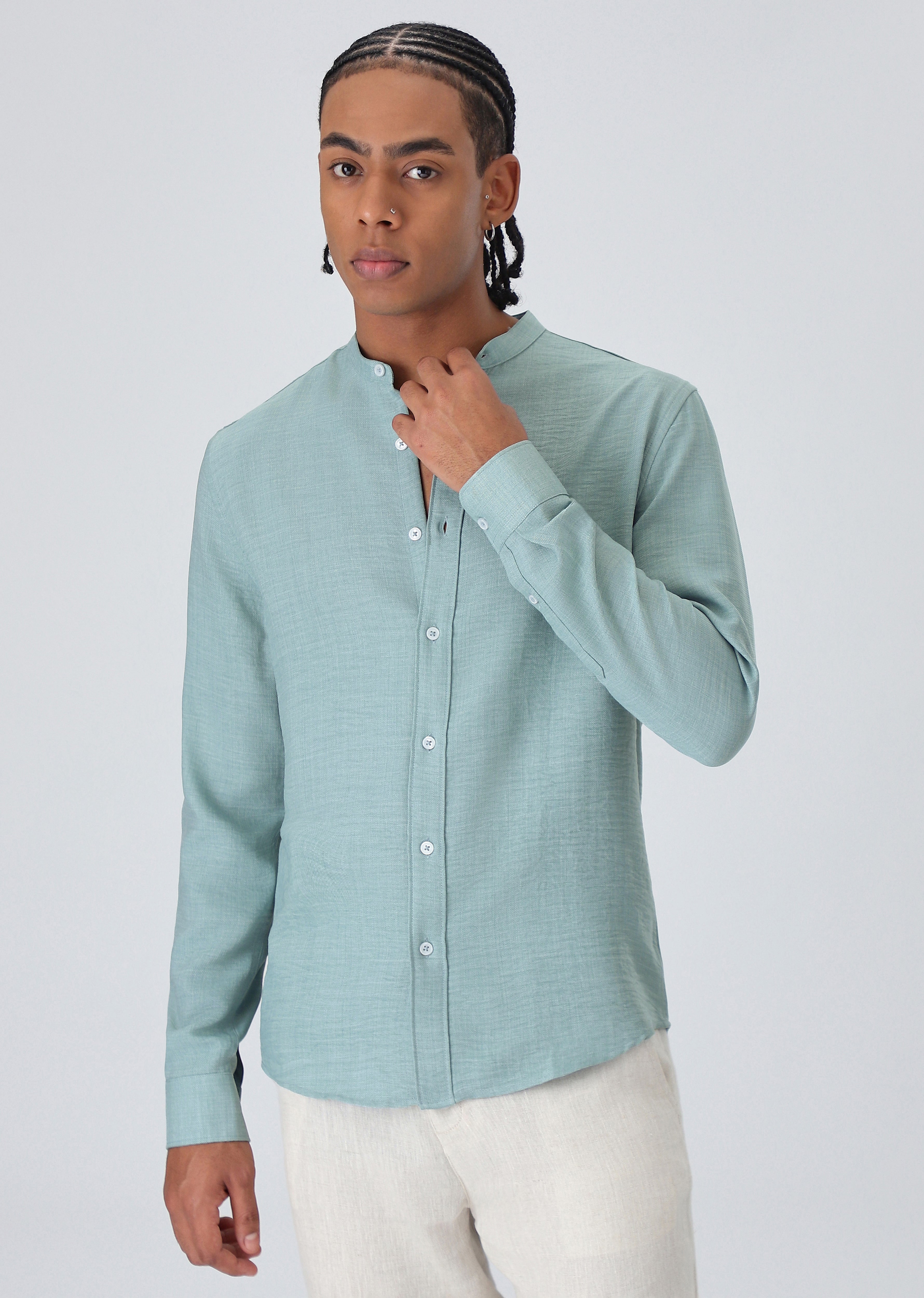 Teal Green Plain Mandarin Collar Shirt