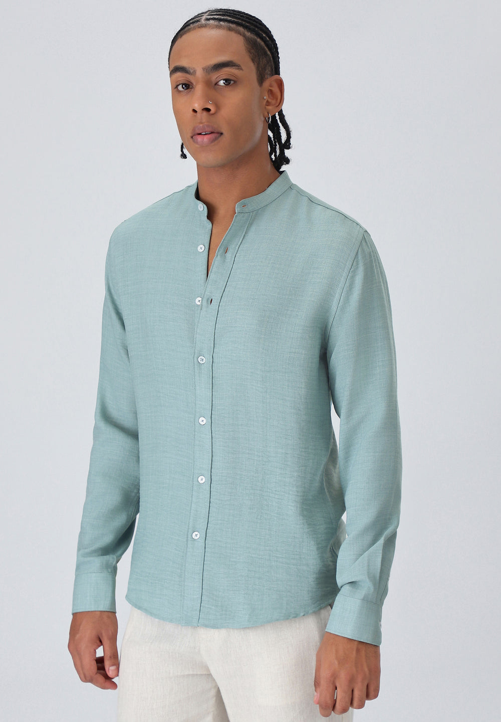 Teal Green Plain Mandarin Collar Shirt