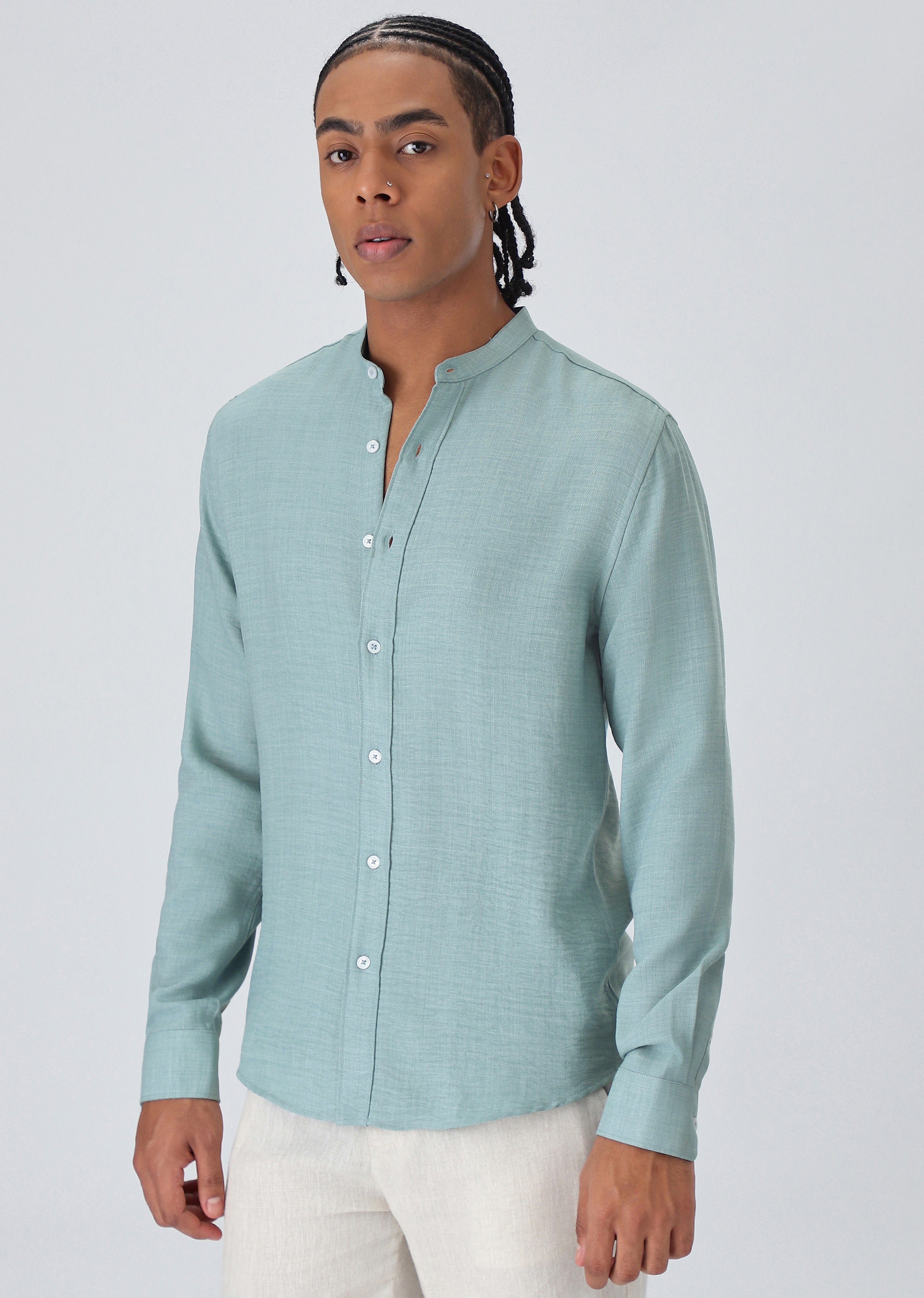 Teal Green Mandarin Collar Shirt