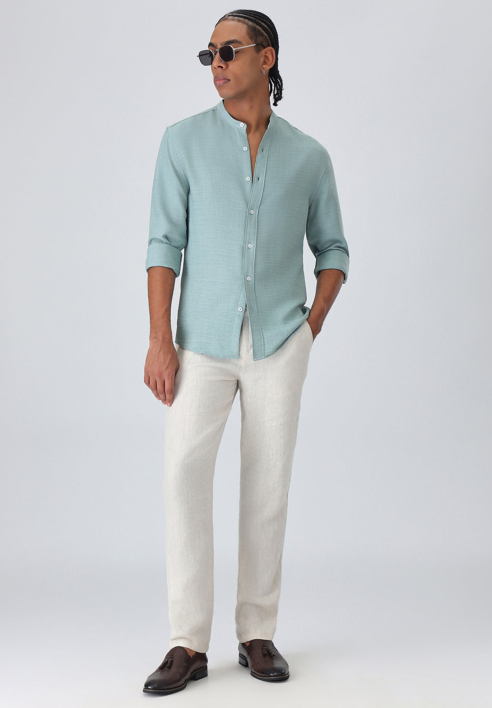 Teal Green Plain Mandarin Collar Shirt