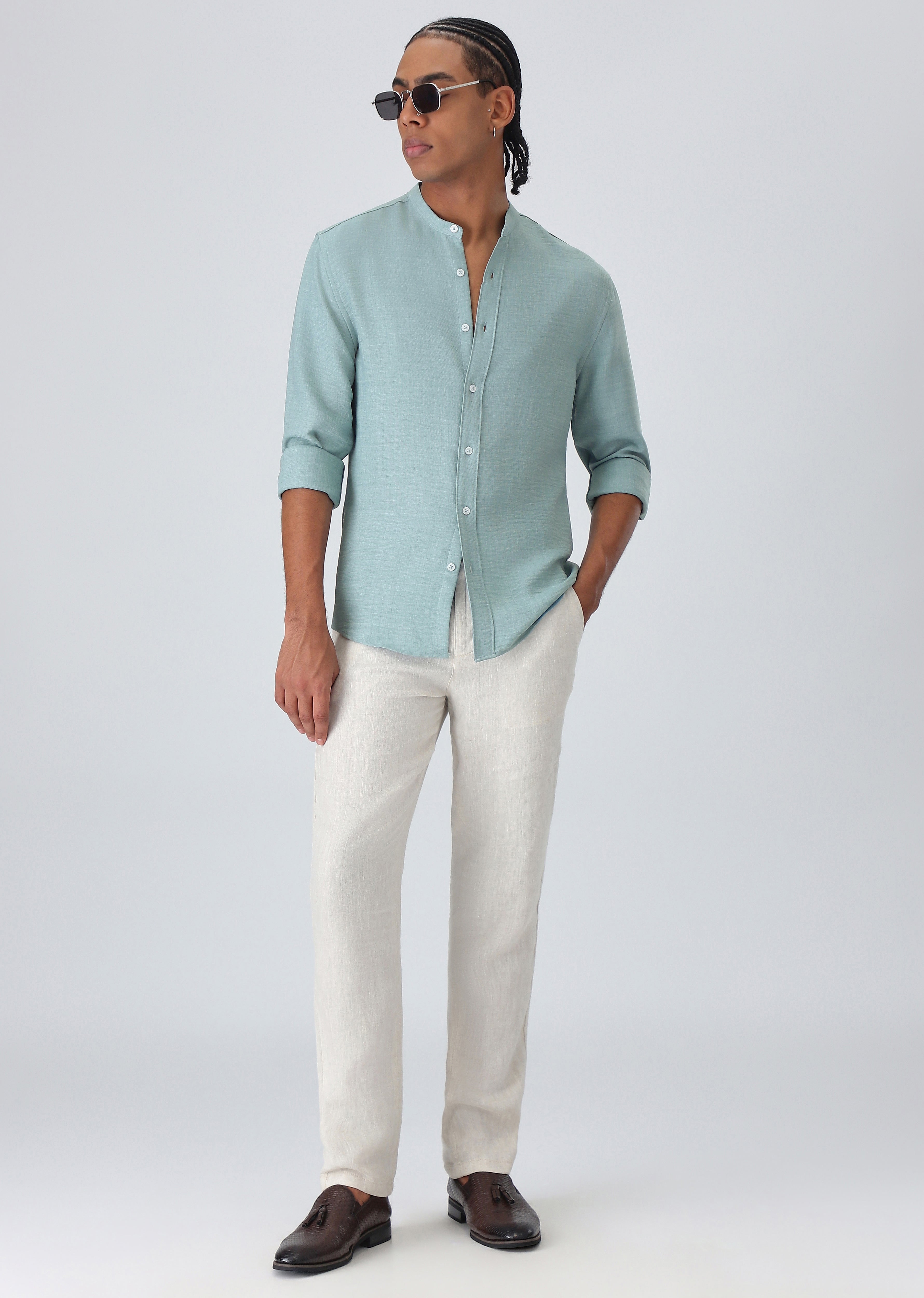 Teal Green Mandarin Collar Shirt