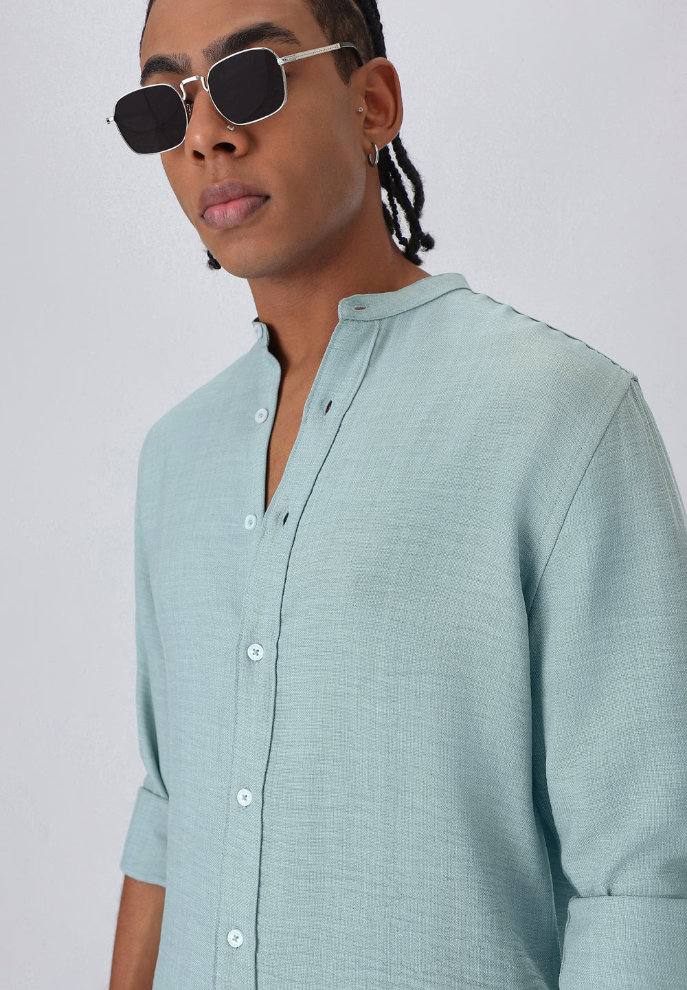 Teal Green Plain Mandarin Collar Shirt