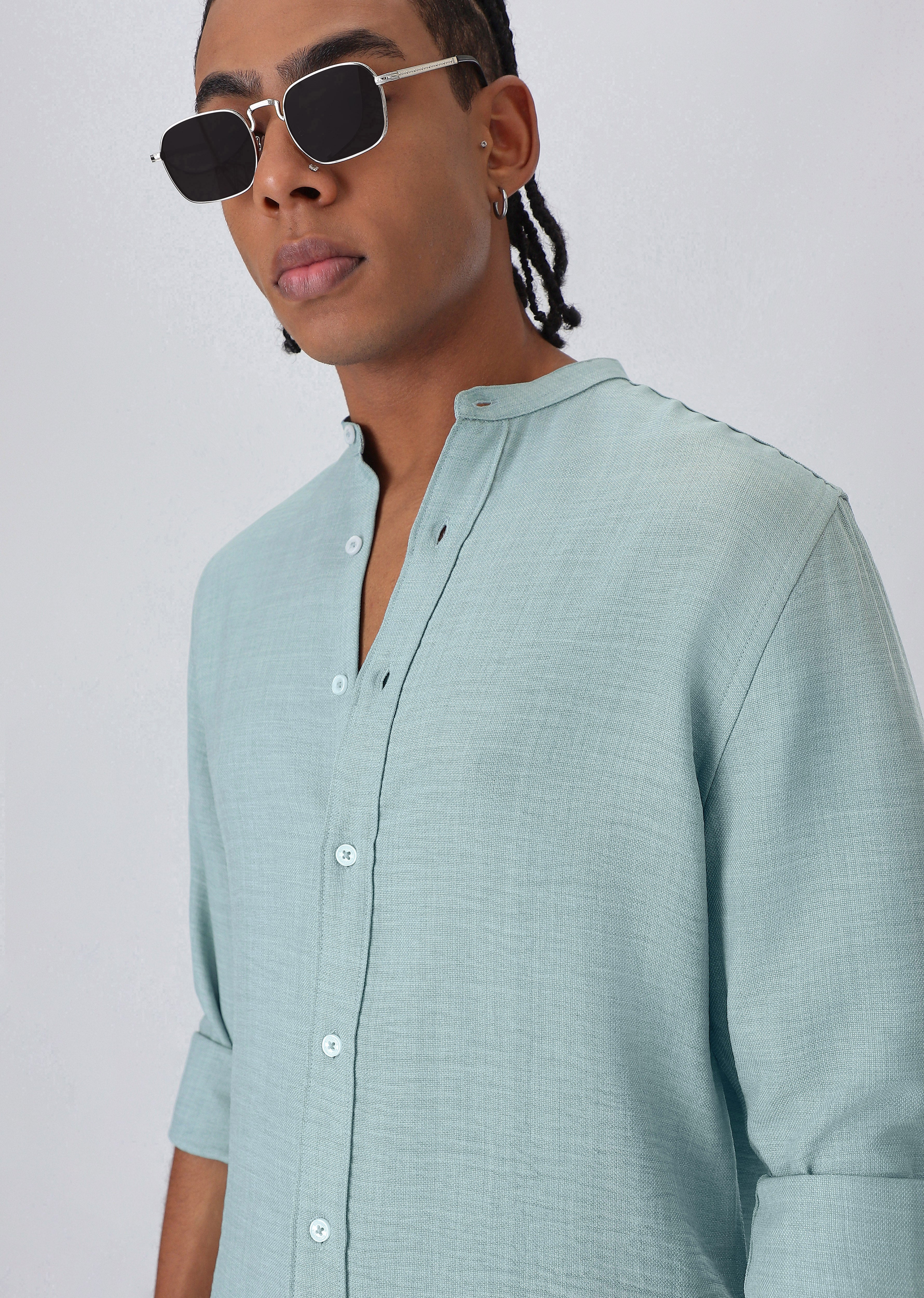 Teal Green Mandarin Collar Shirt