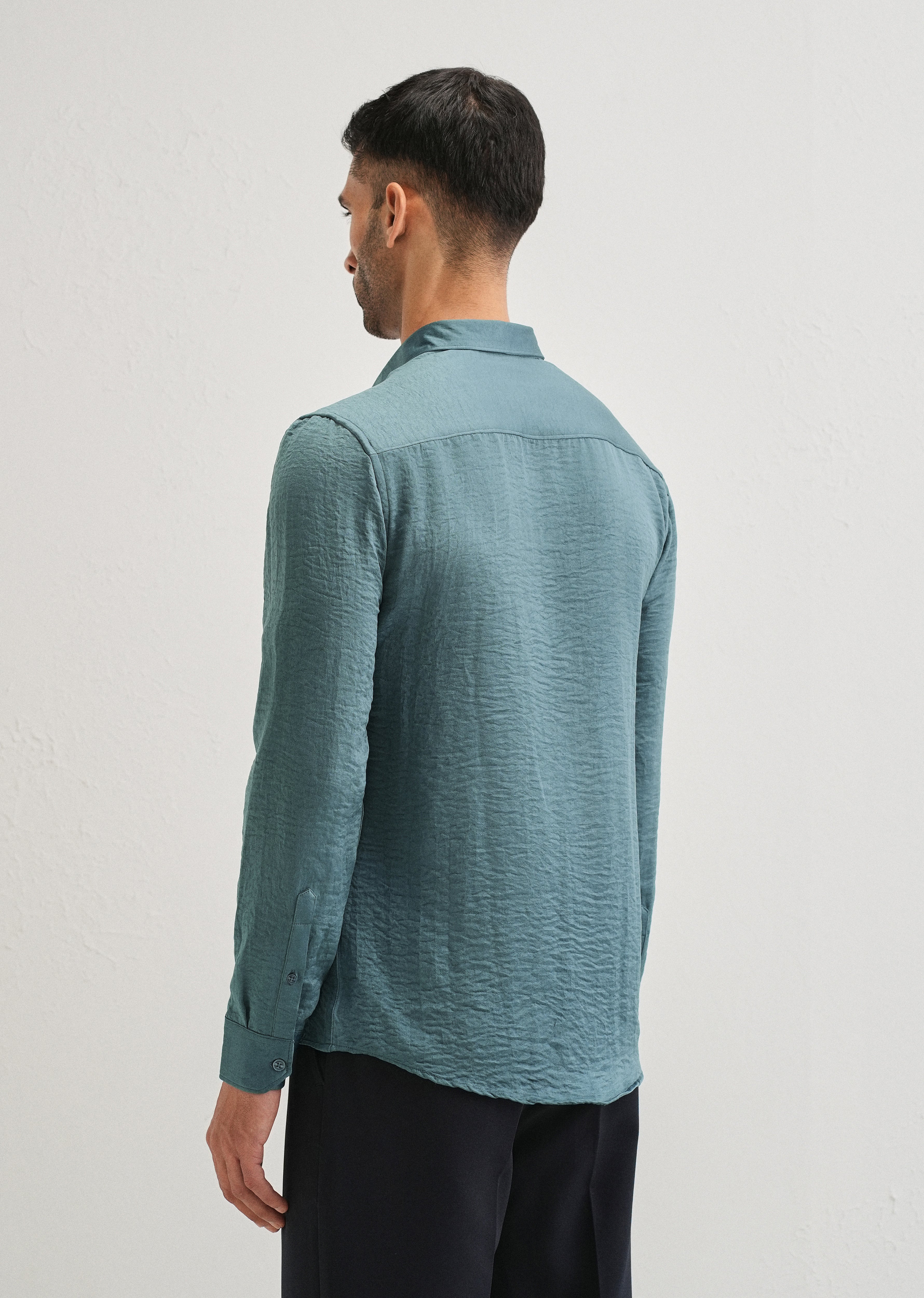 Teal Green Plain Crushed Satin Shirt