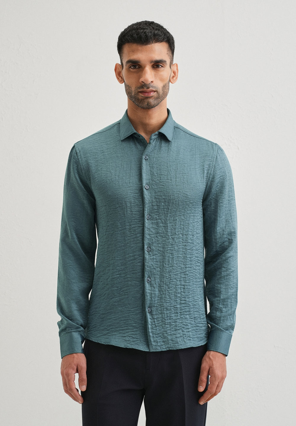 Teal Green Plain Crushed Satin Shirt