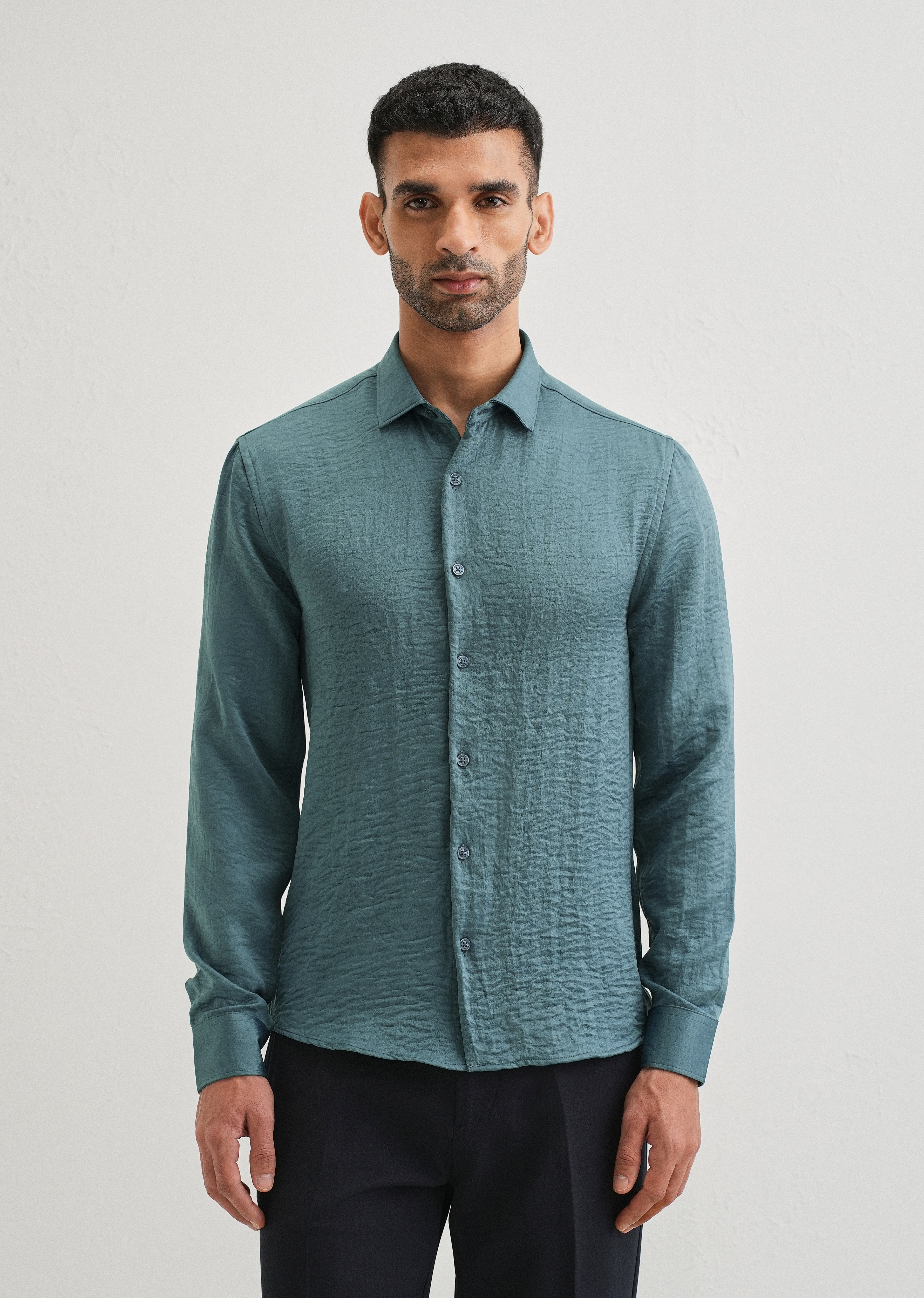 Teal Green Plain Crushed Satin Shirt