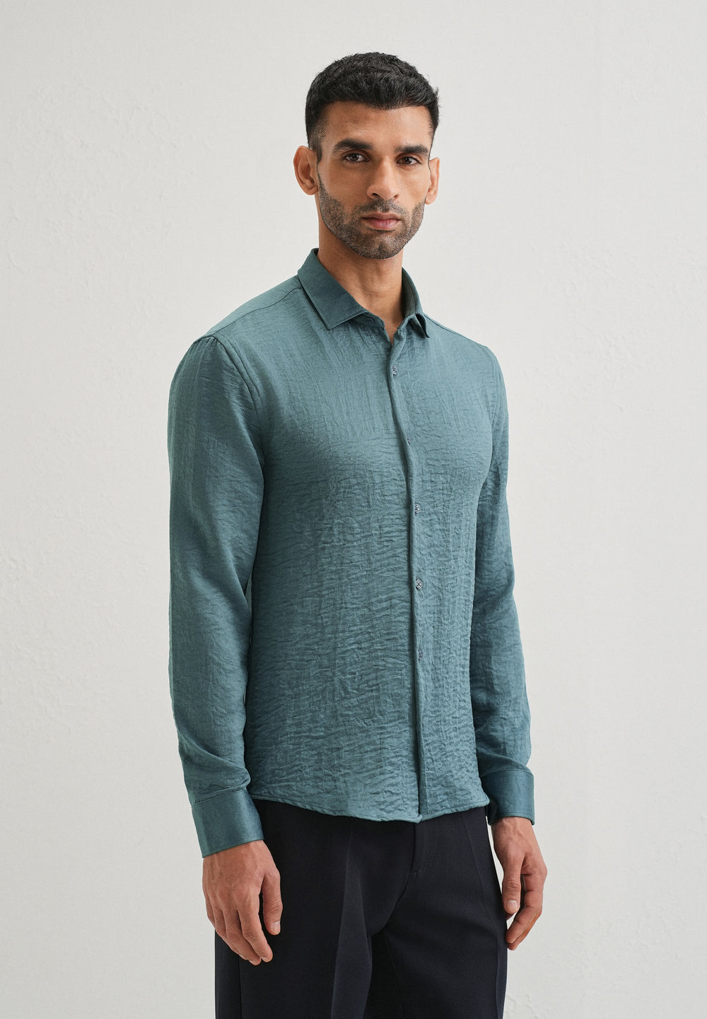 Teal Green Plain Crushed Satin Shirt