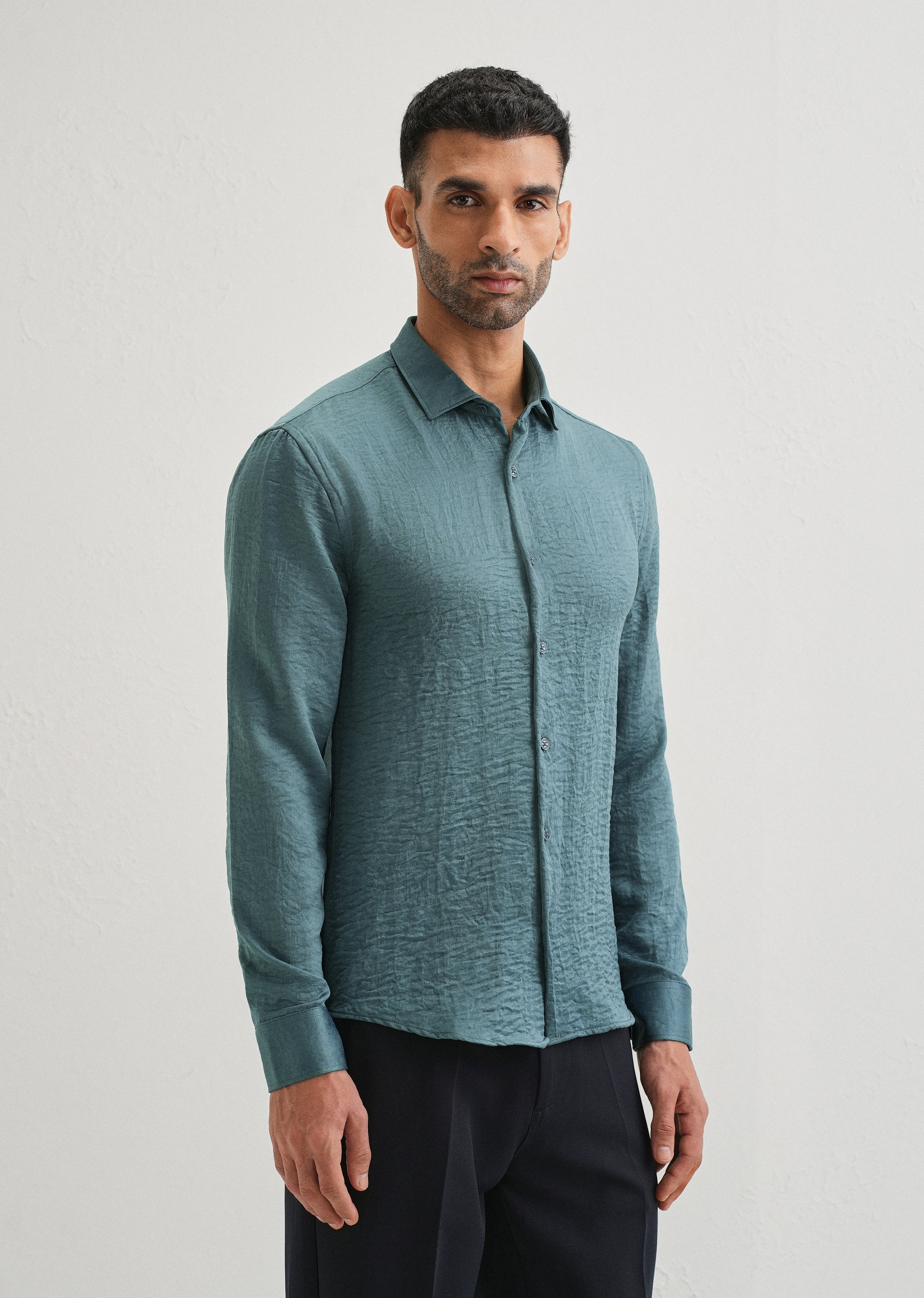 Teal Green Plain Crushed Satin Shirt