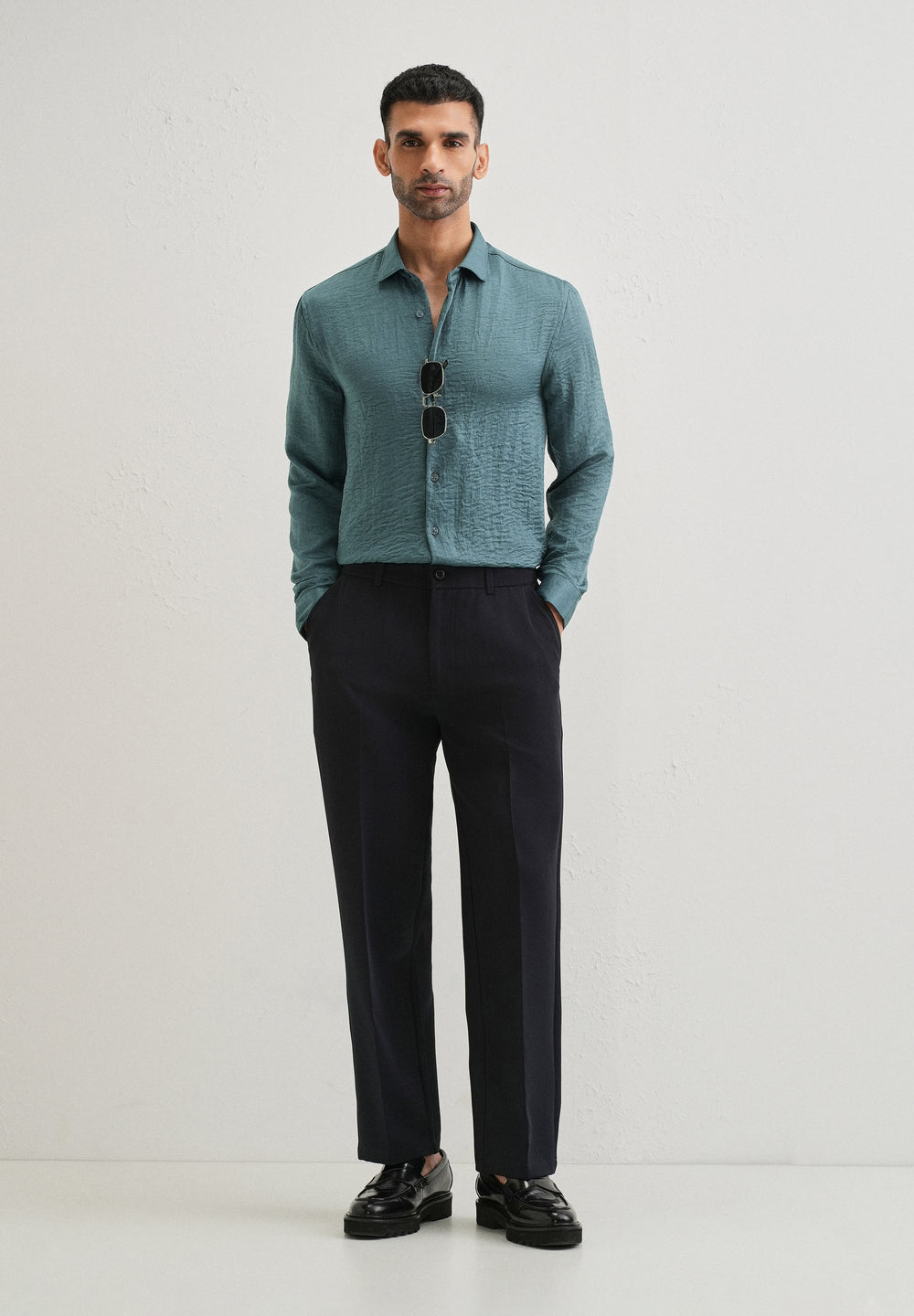 Teal Green Plain Crushed Satin Shirt