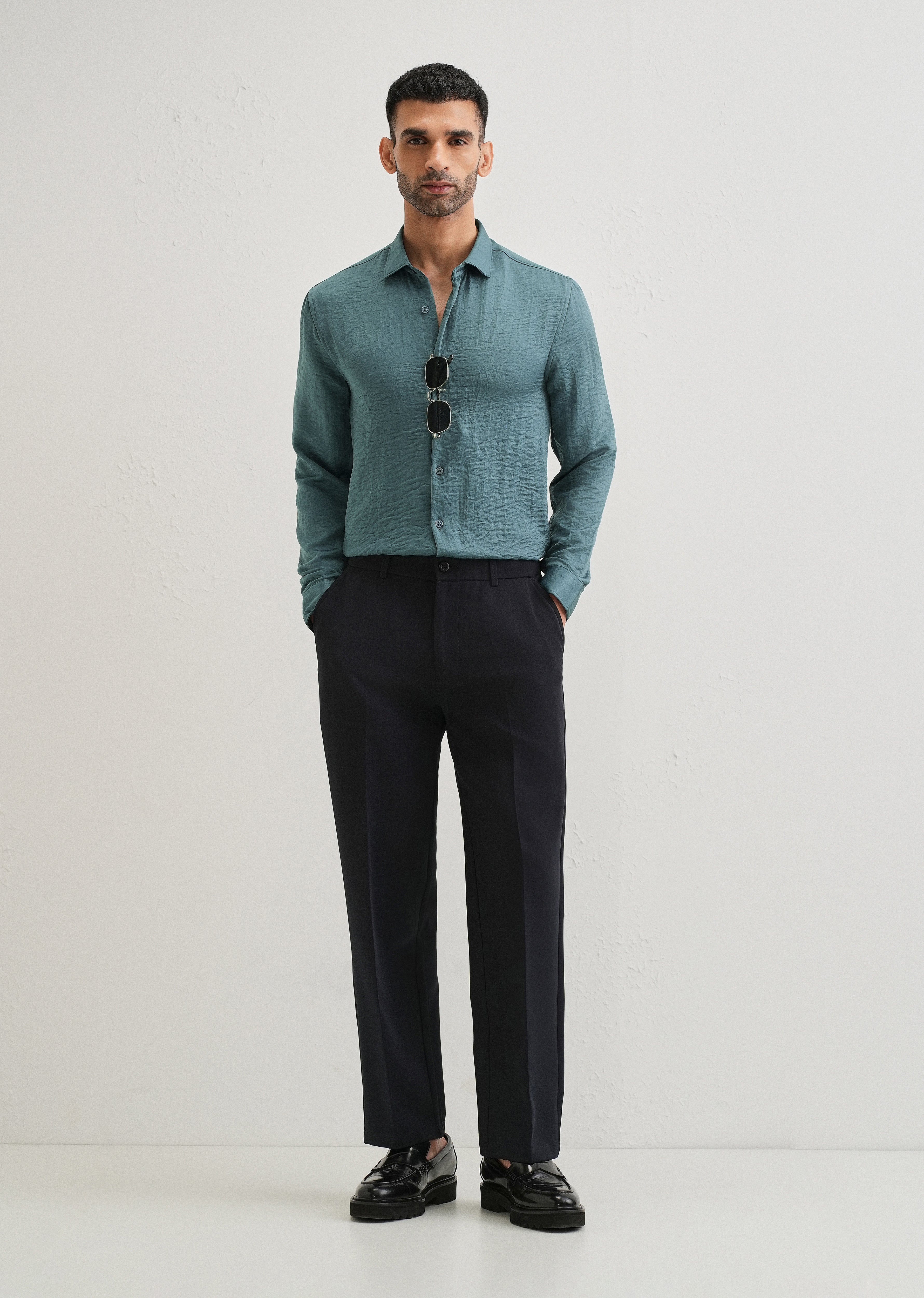 Teal Green Plain Crushed Satin Shirt