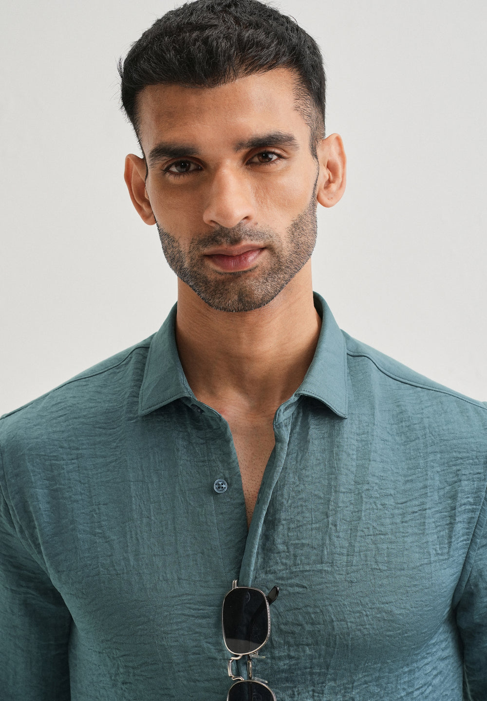 Teal Green Plain Crushed Satin Shirt
