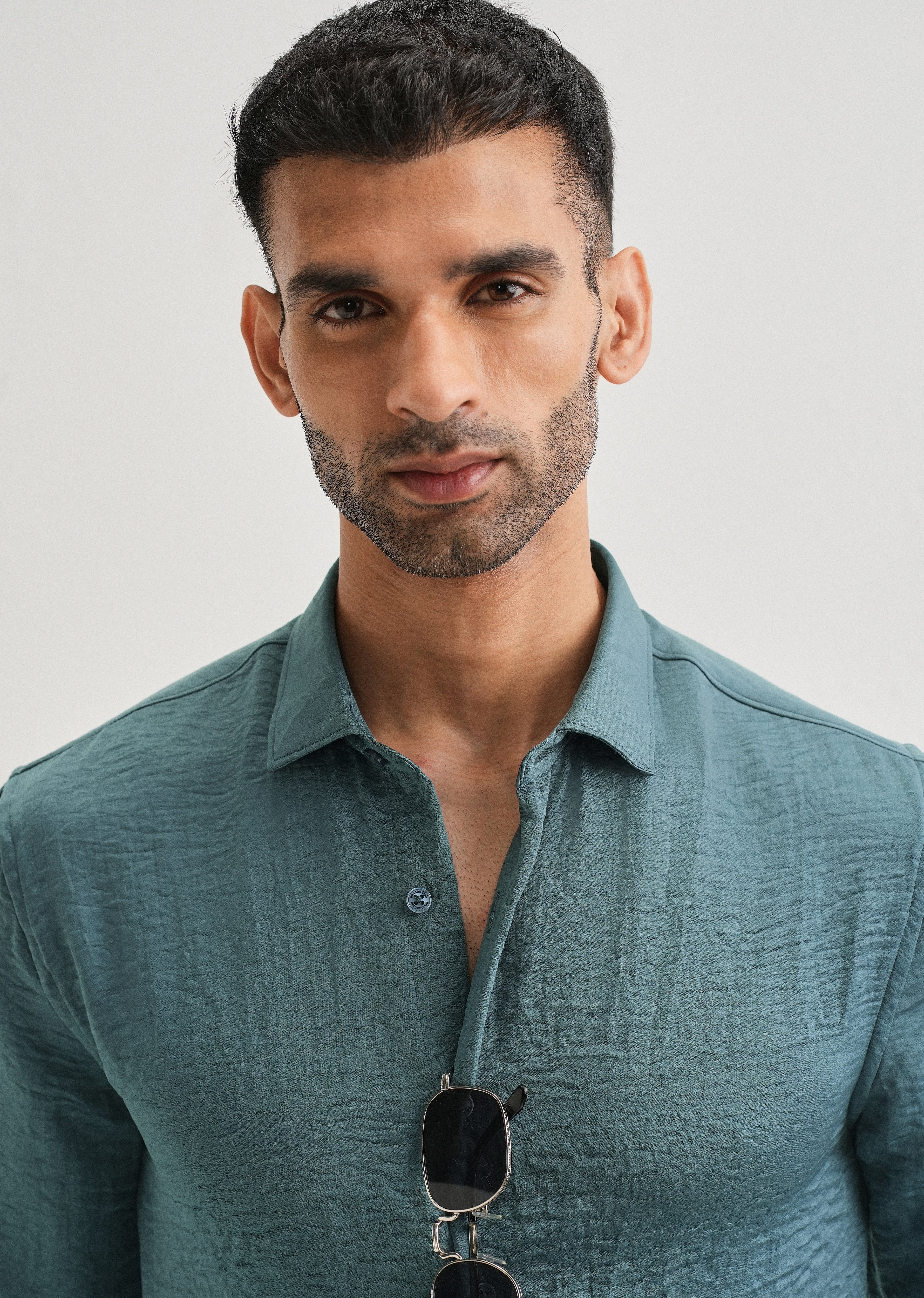 Teal Green Plain Crushed Satin Shirt