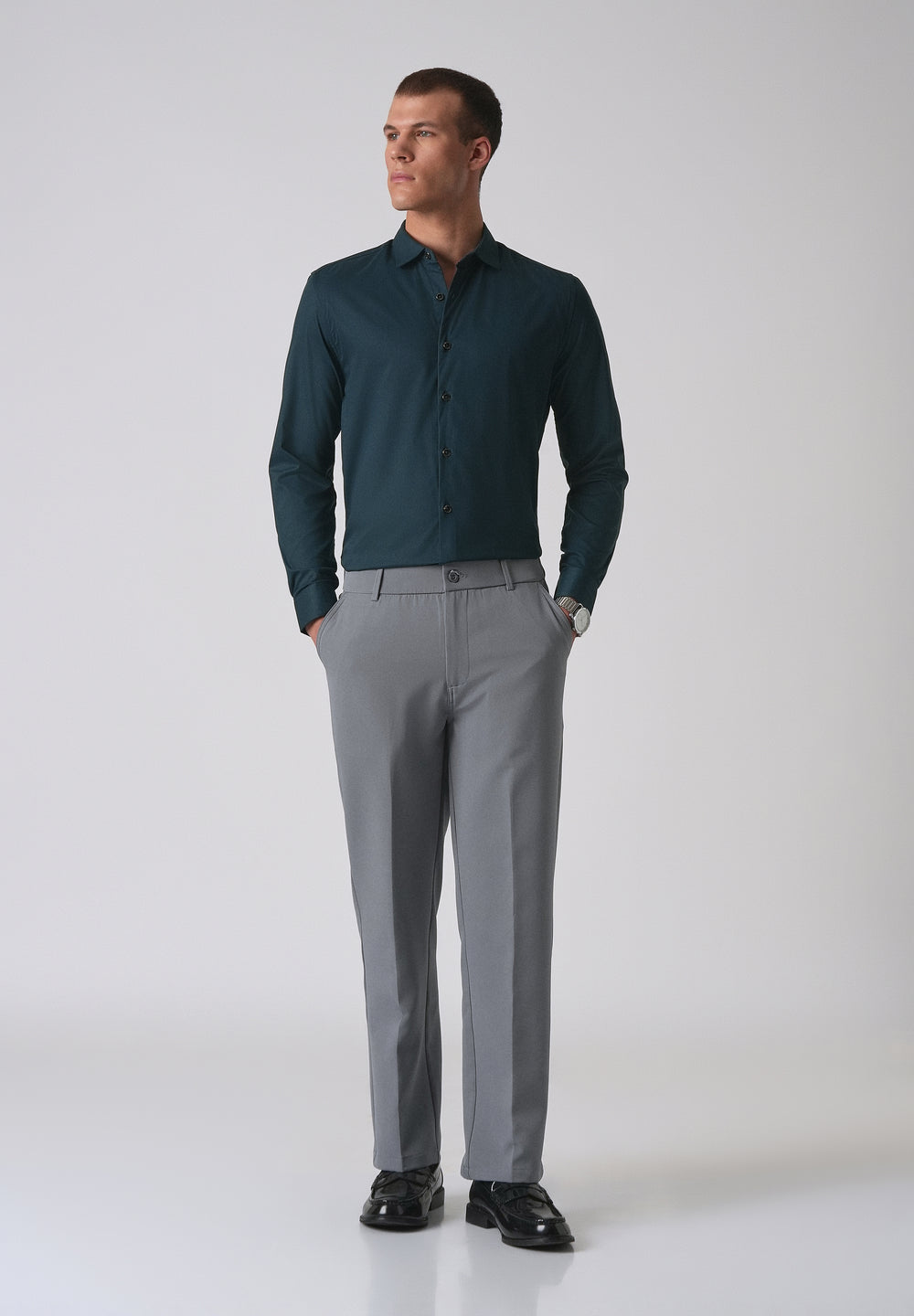 Teal Green Cotton Stretch Plain Shirt