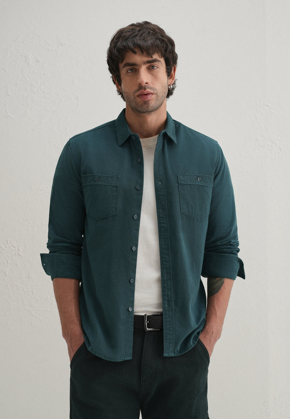 Teal Plain Double Pocket Shirt
