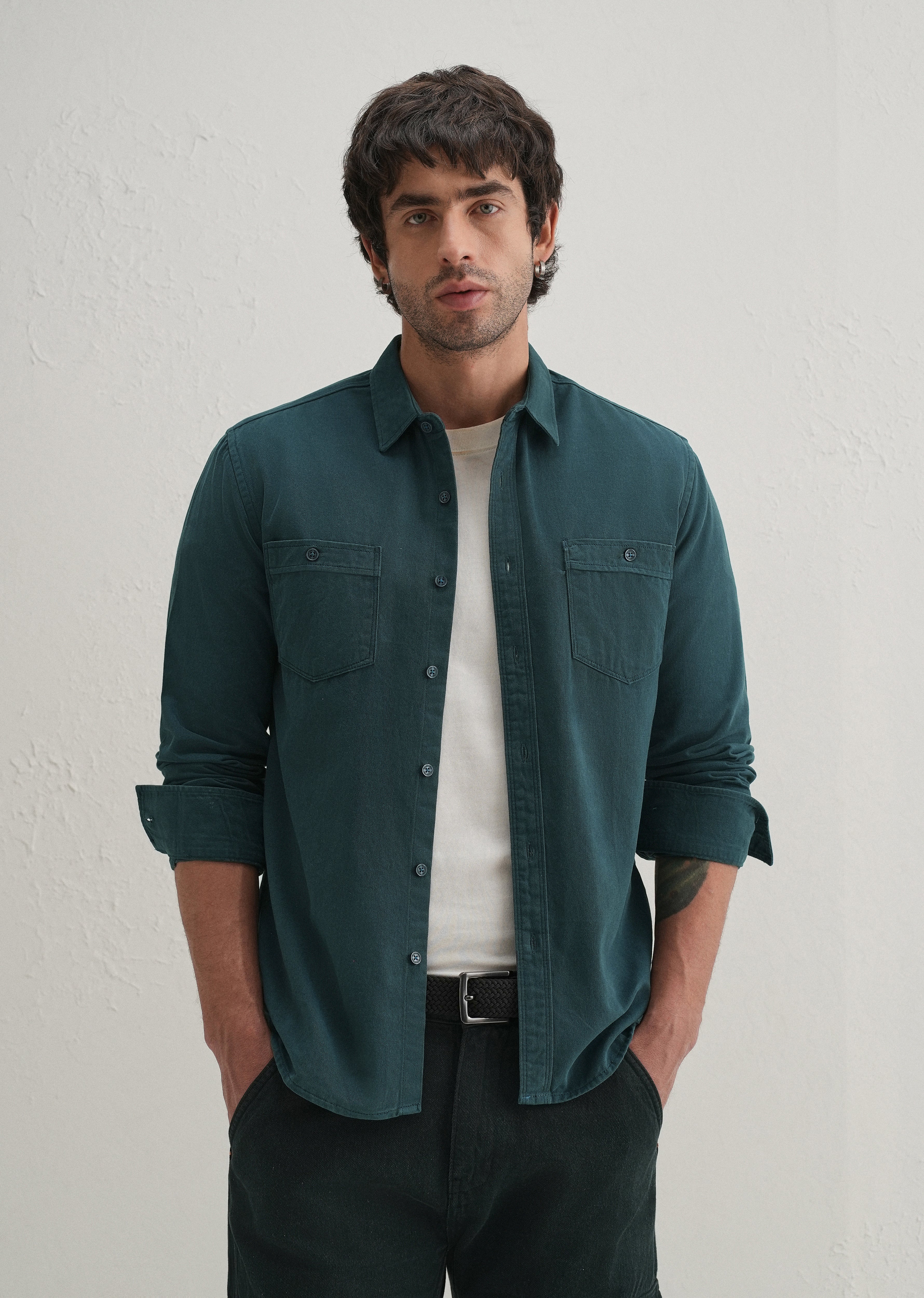 Teal Plain Double Pocket Shirt