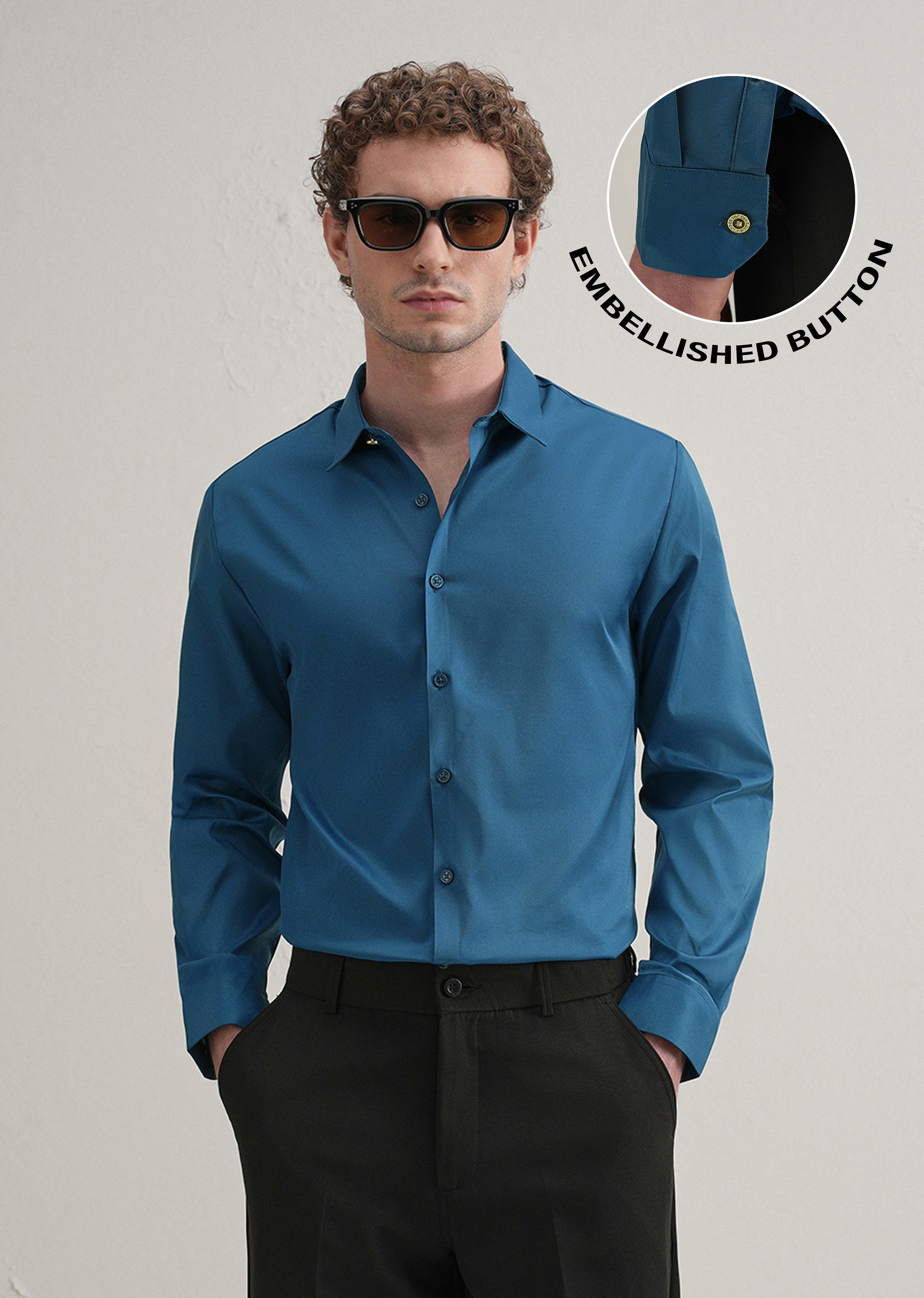 Teal Blue Plain Stitchless Placket Shirt