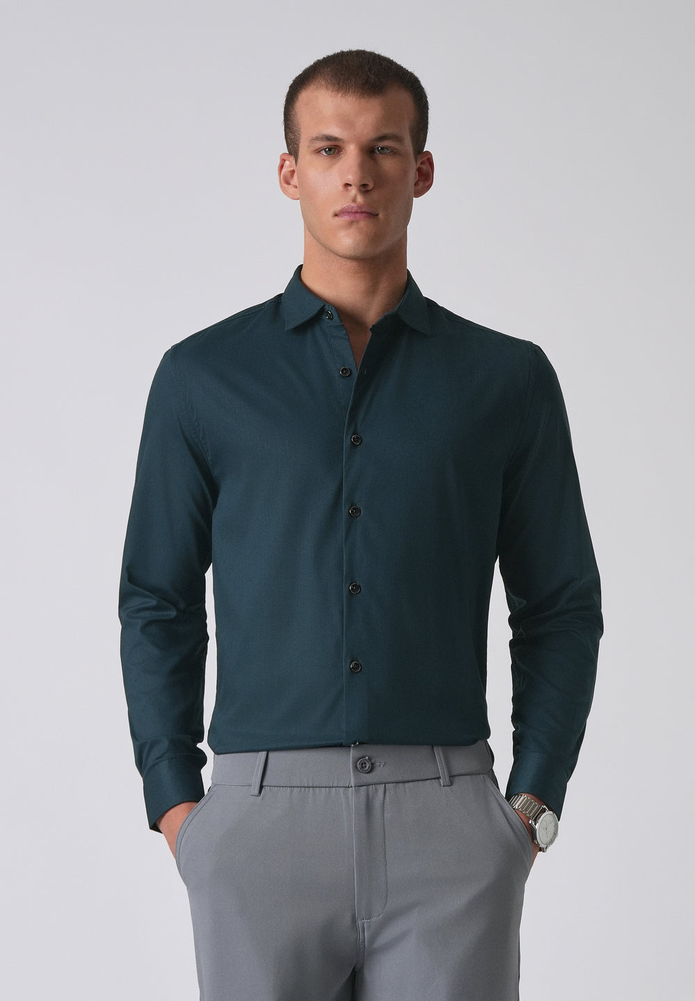 Teal Green Cotton Stretch Plain Shirt
