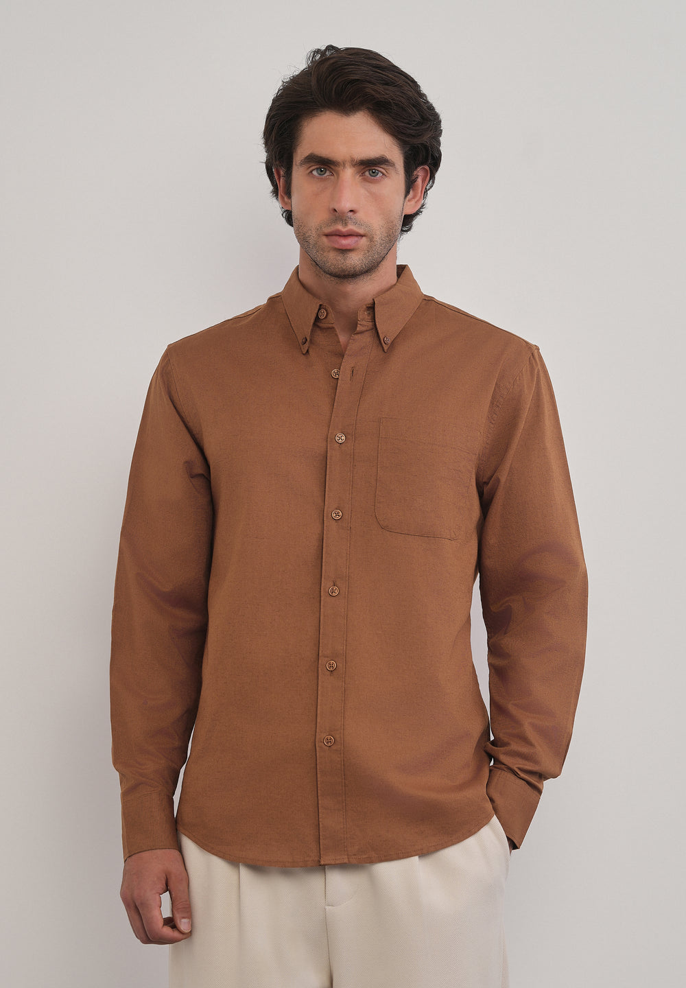 Terracotta Brown Cotton Linen Plain Shirt