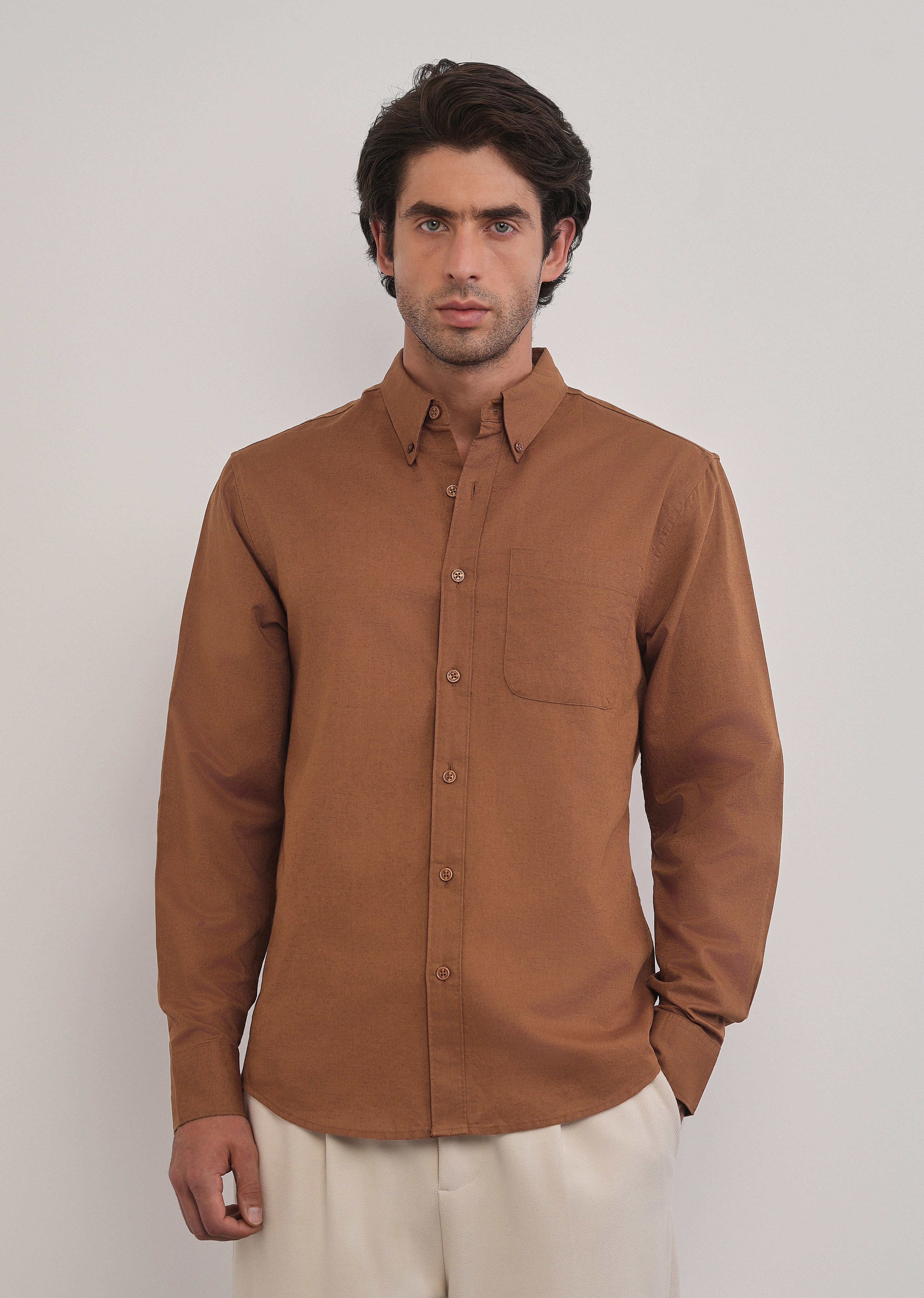 Terracotta Brown Cotton Linen Plain Shirt