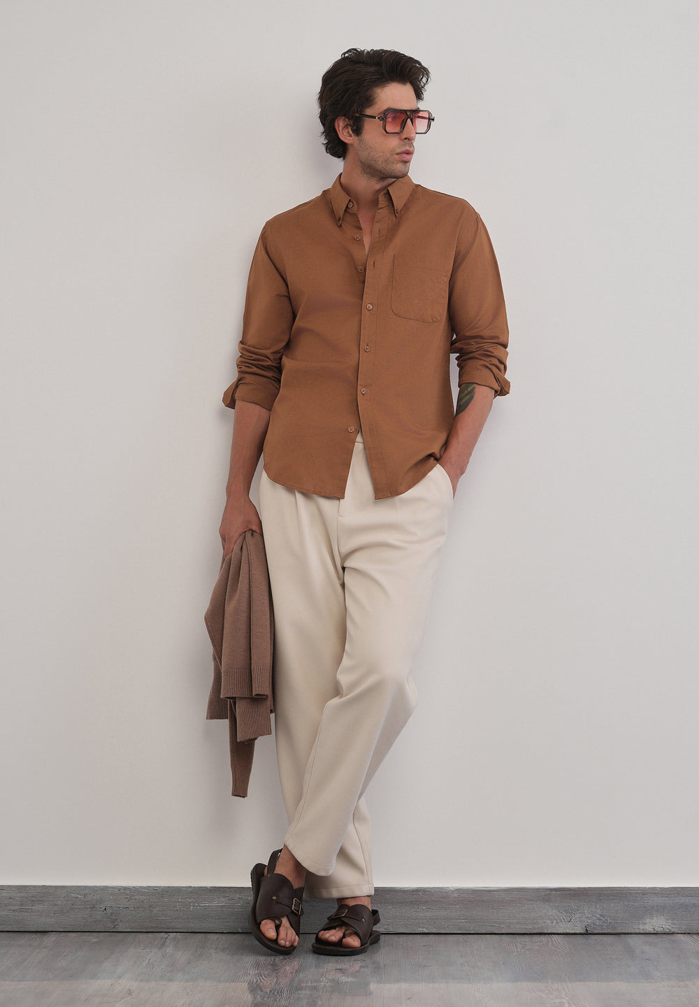 Terracotta Brown Cotton Linen Plain Shirt