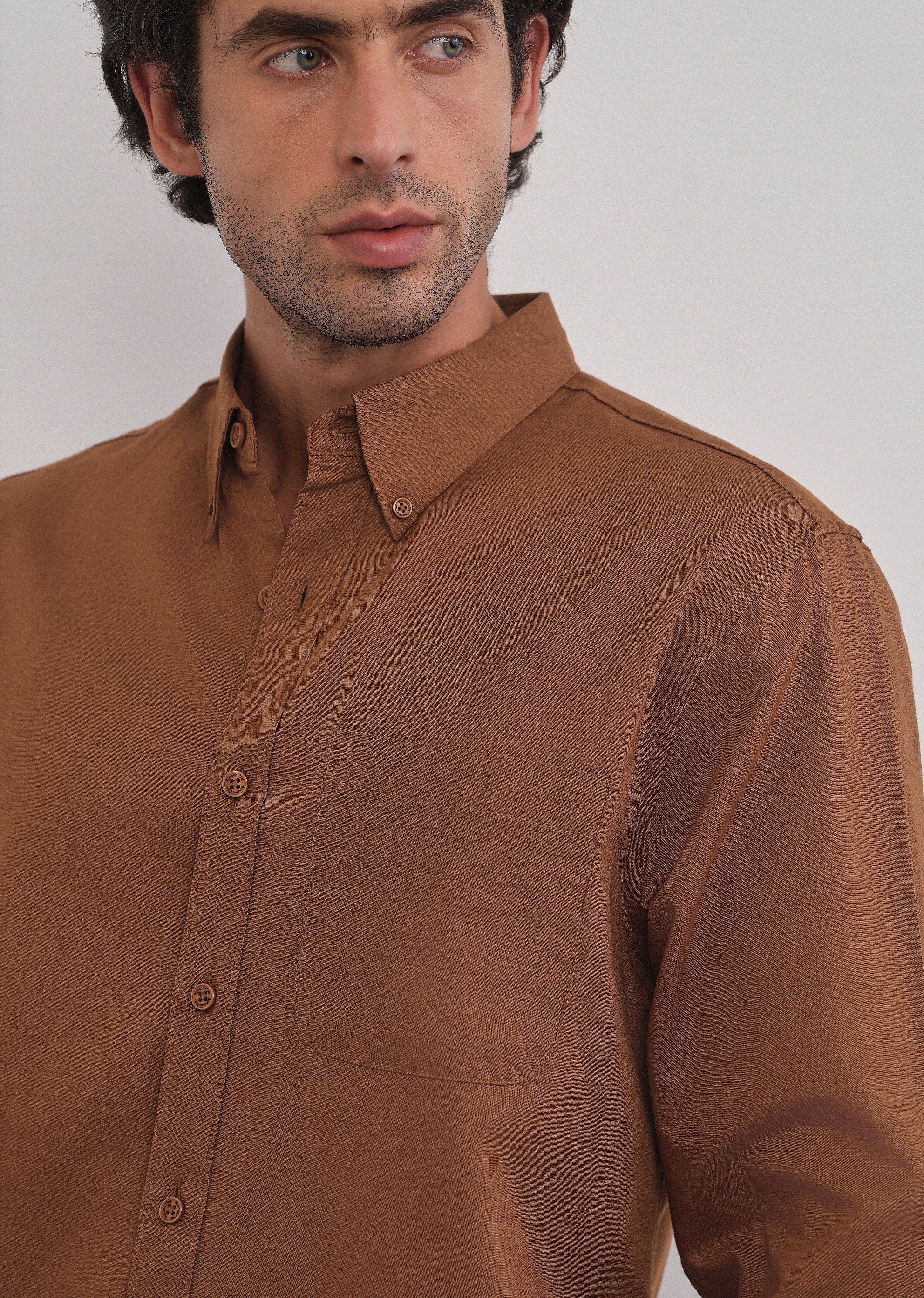 Terracotta Brown Cotton Linen Plain Shirt