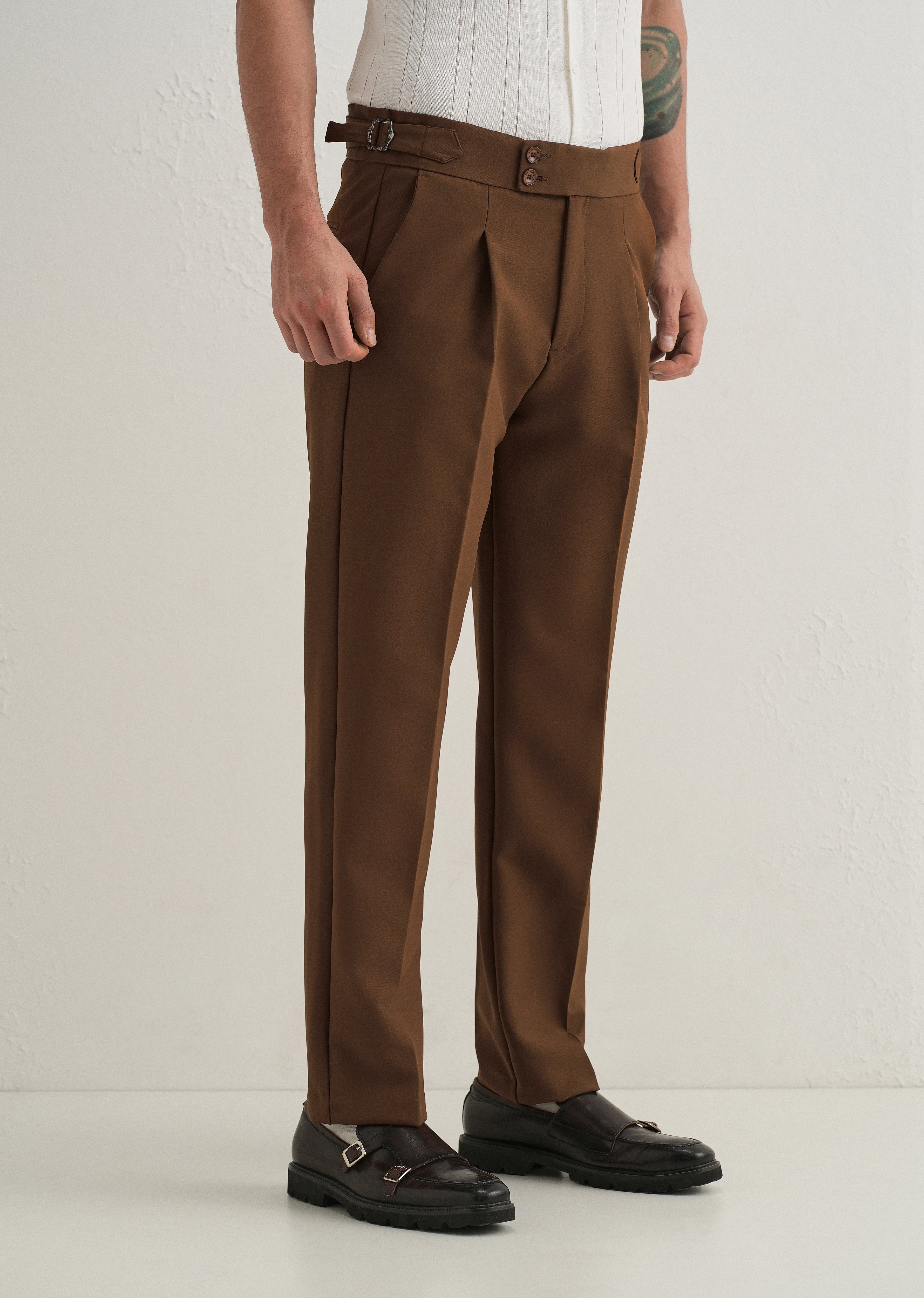 Terracotta Brown Pleated Gurkha Pant