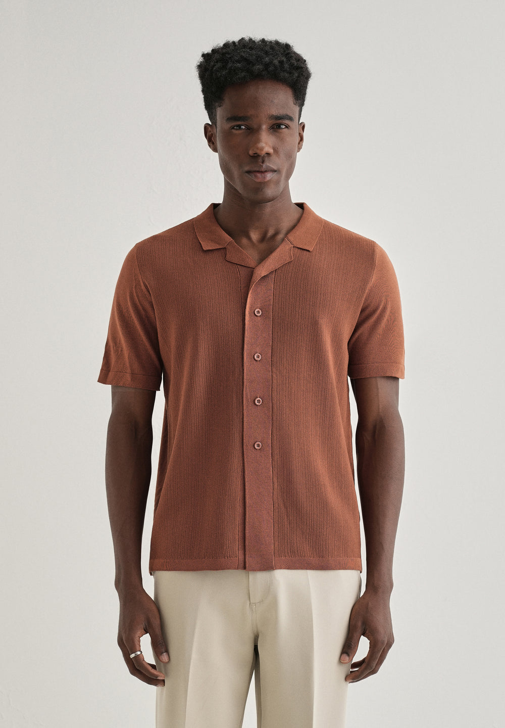 Terracotta Cuban Collar Knitted Shirt