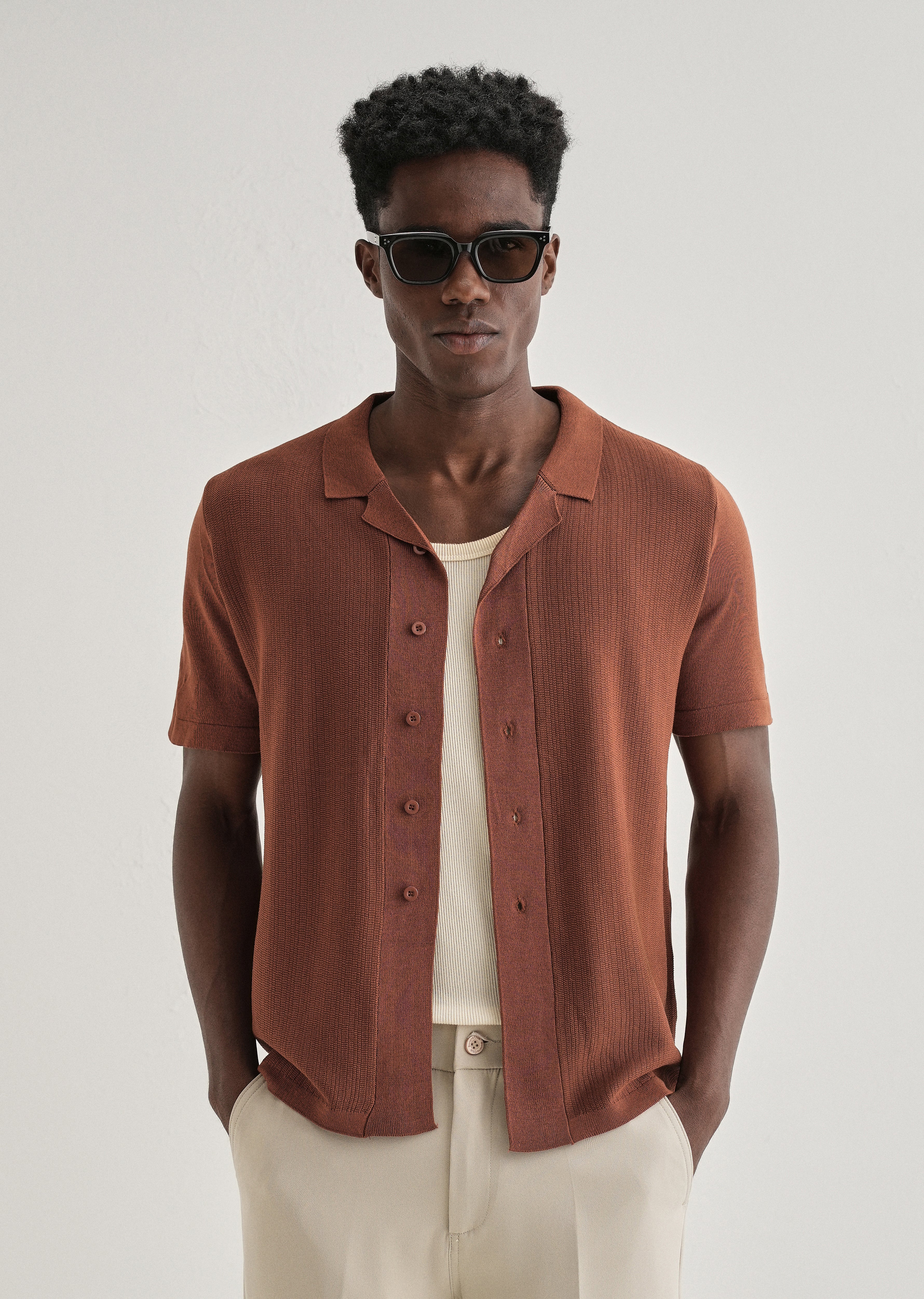 Terracotta Cuban Collar Knitted Shirt