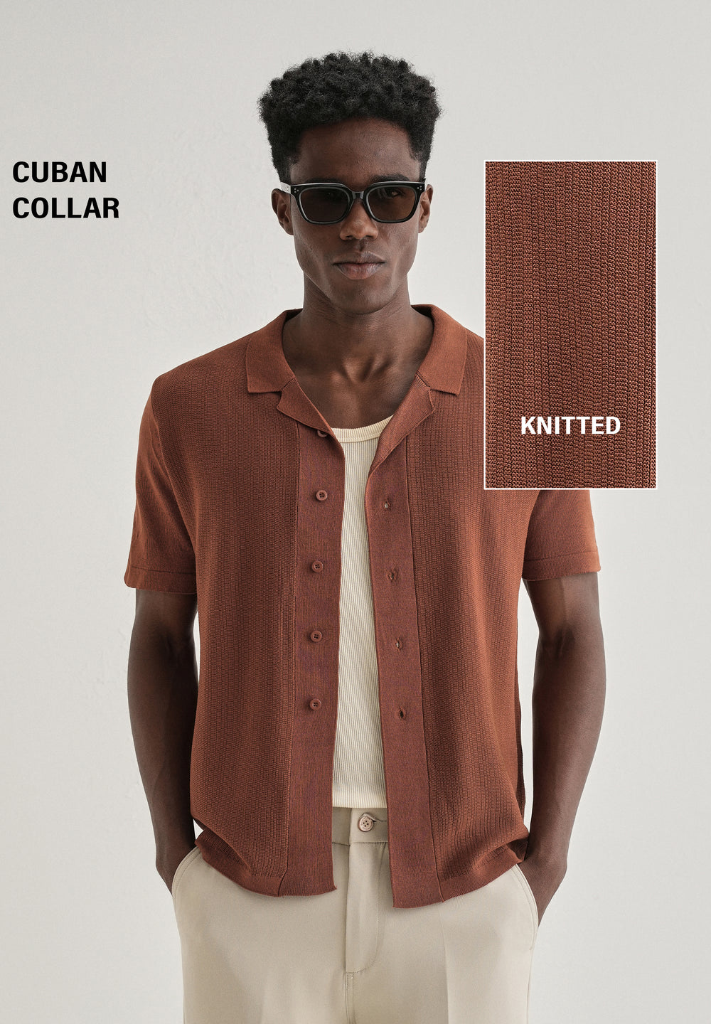 Terracotta Cuban Collar Knitted Shirt