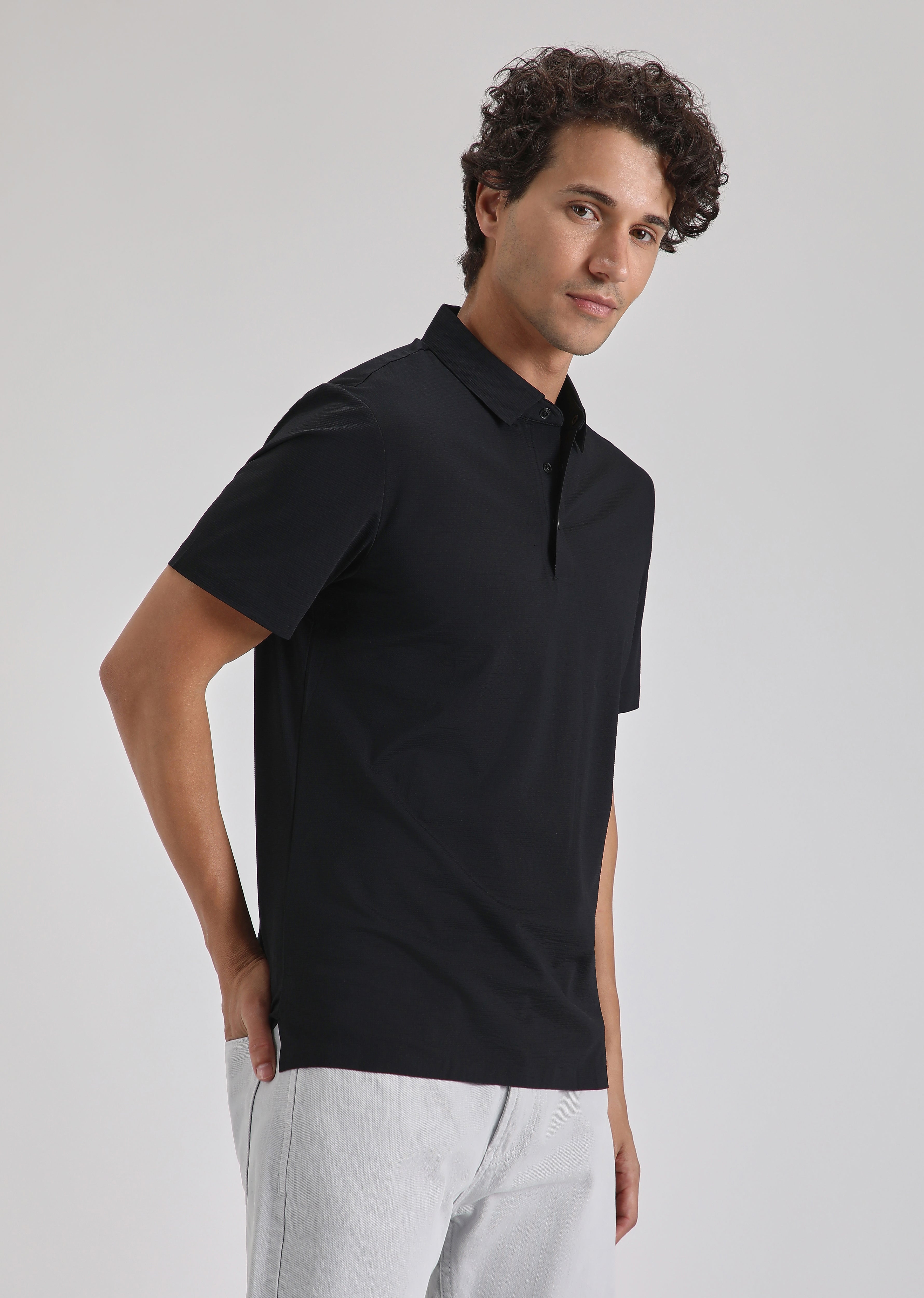 Textured Black Stitchless Polo T-shirt