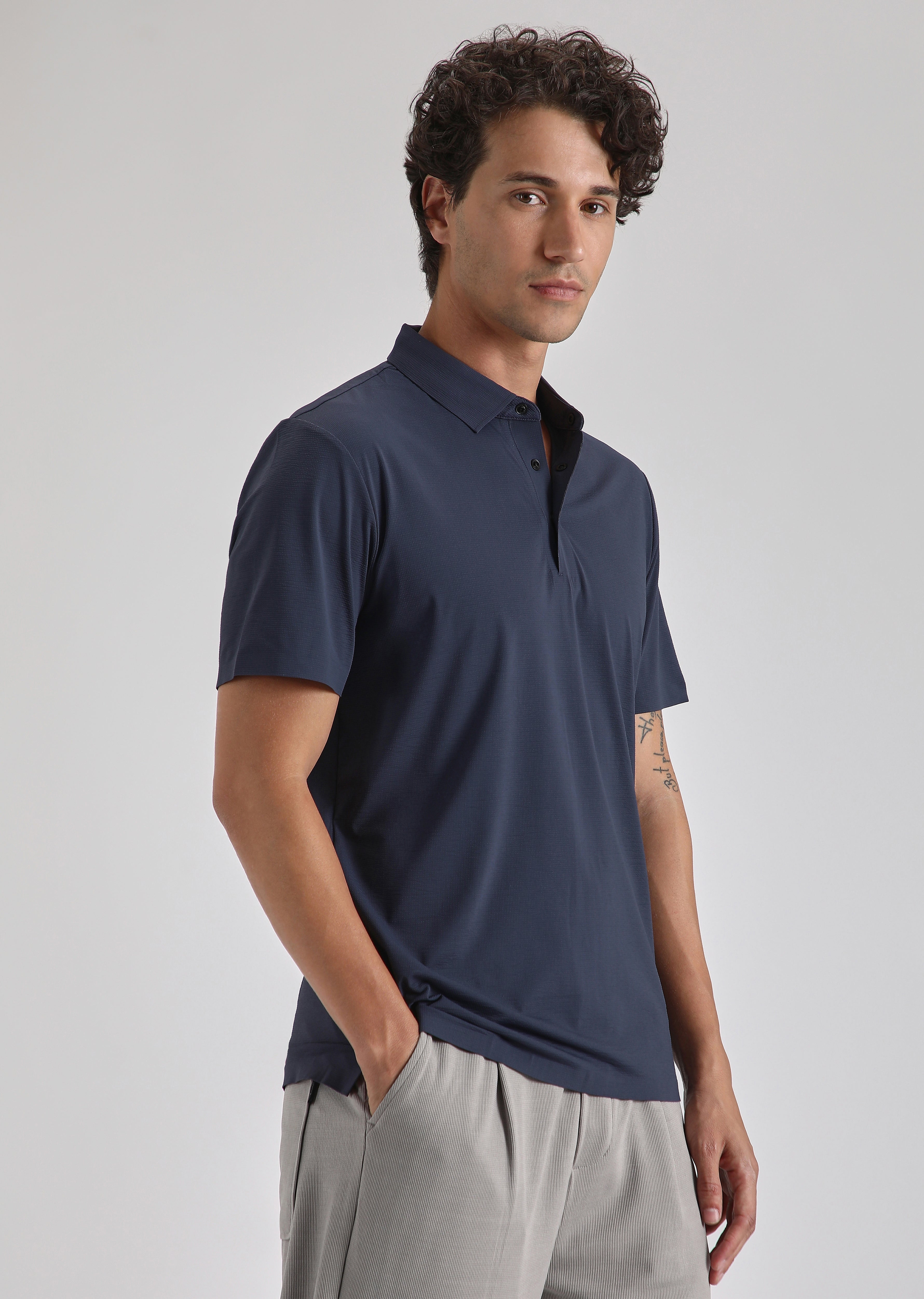 Textured Blue Stitchless Polo T-shirt