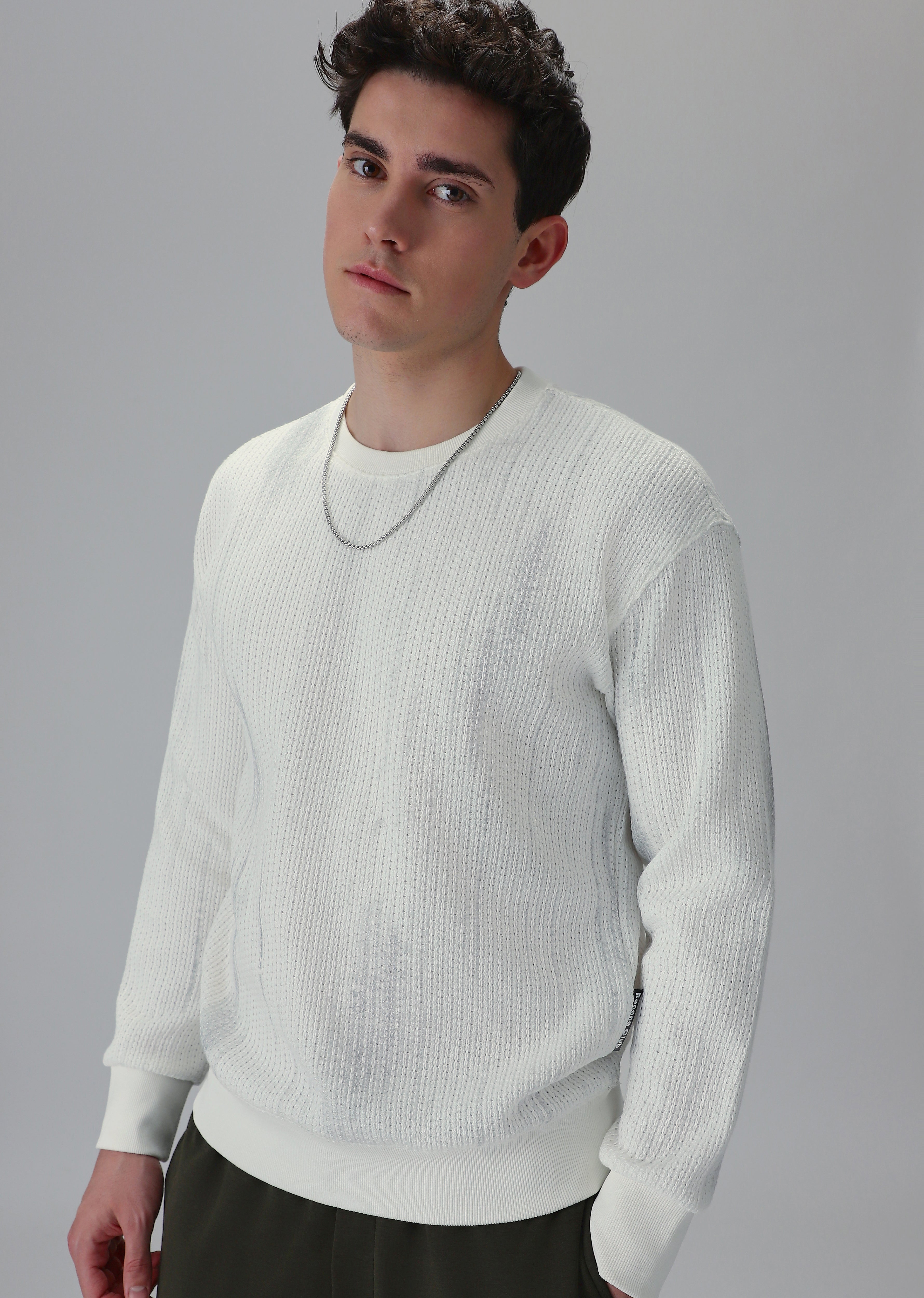 Textured Knit White Sweatshirt