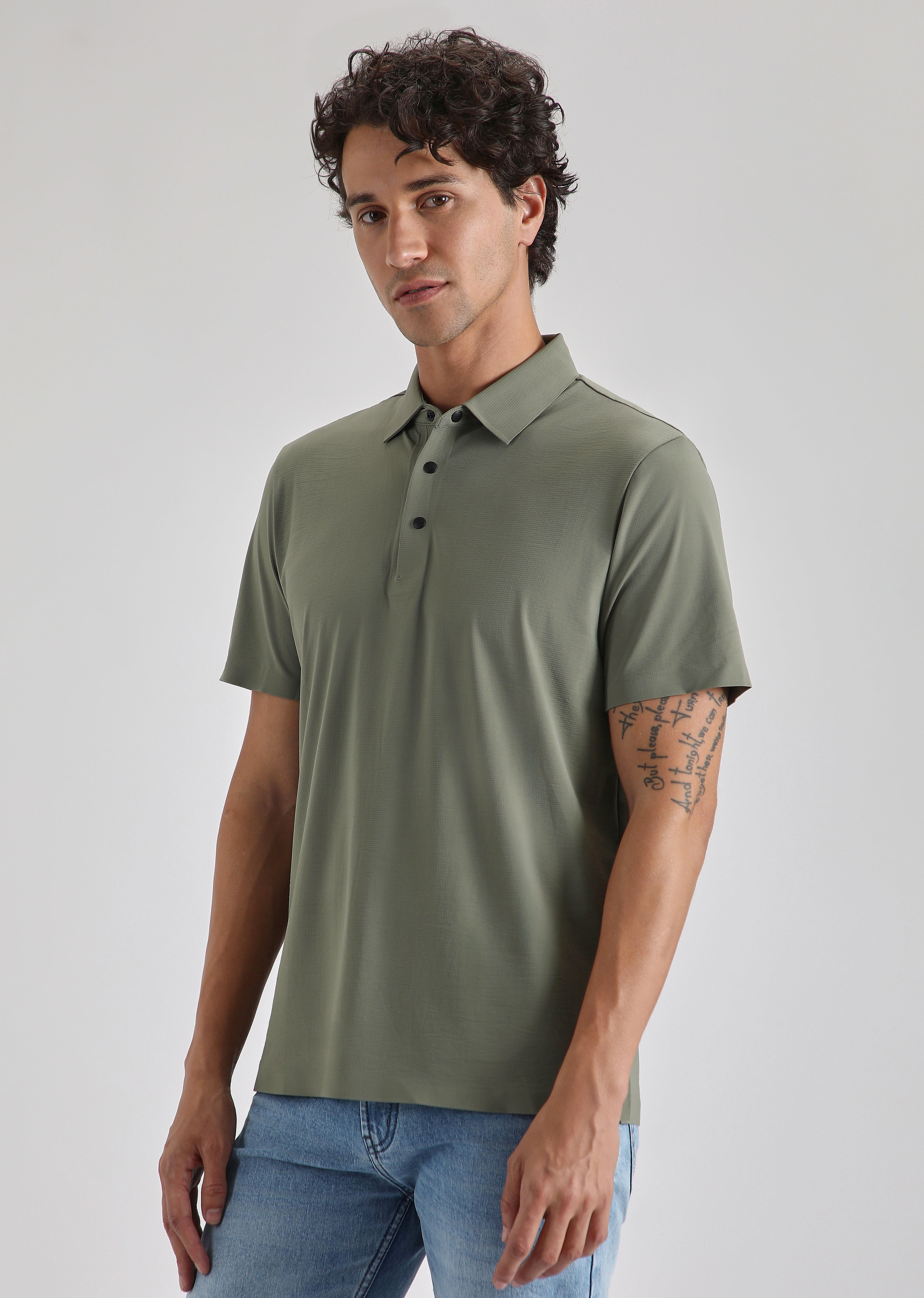 Textured Olive Stitchless Polo T-shirt