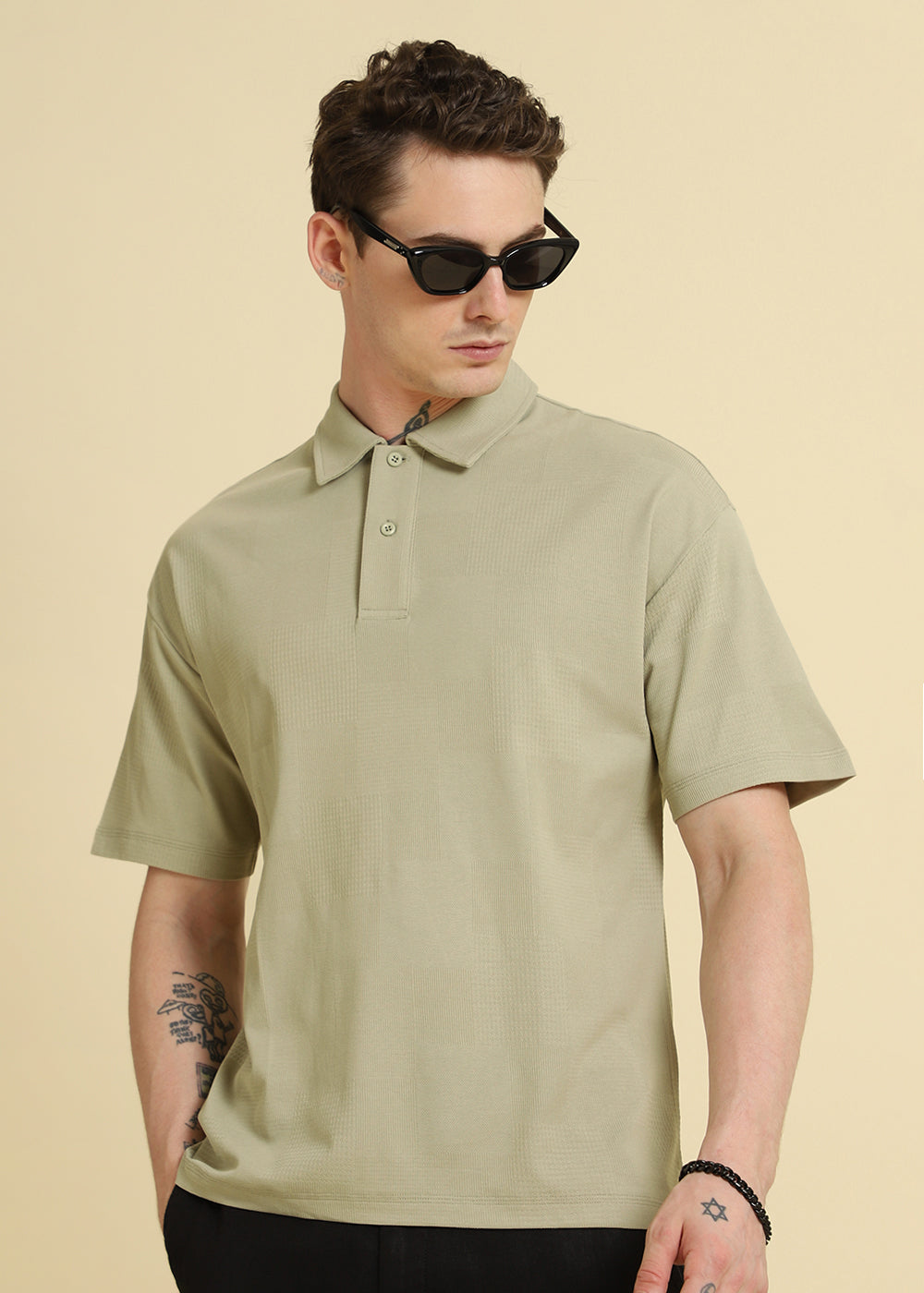 Green Patterned Drop Shoulder Polo T-shirt