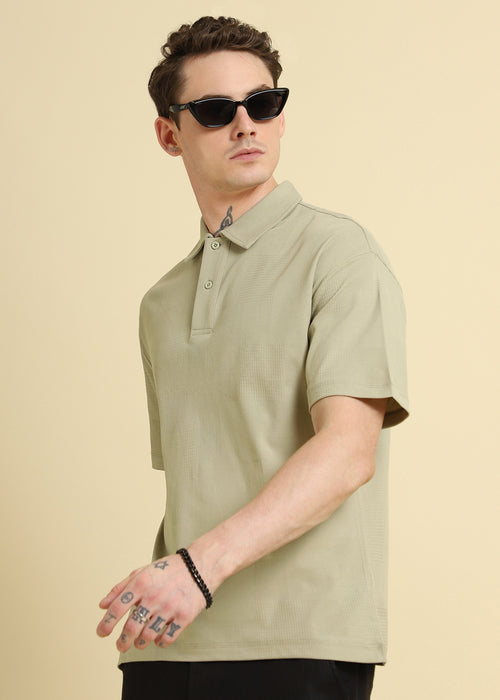 Green Patterned Drop Shoulder Polo T-shirt