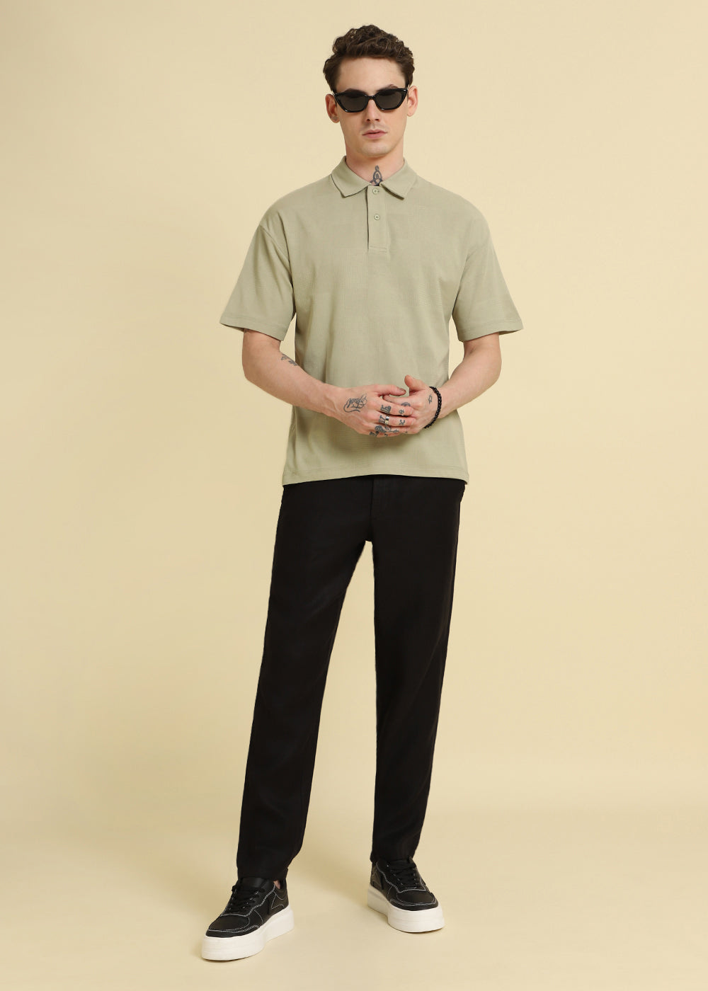 Green Patterned Drop Shoulder Polo T-shirt