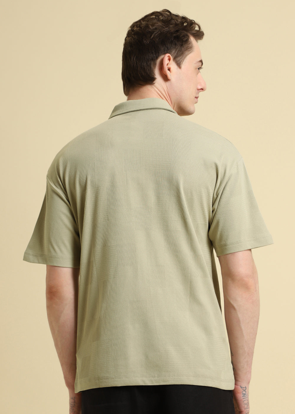 Green Patterned Drop Shoulder Polo T-shirt