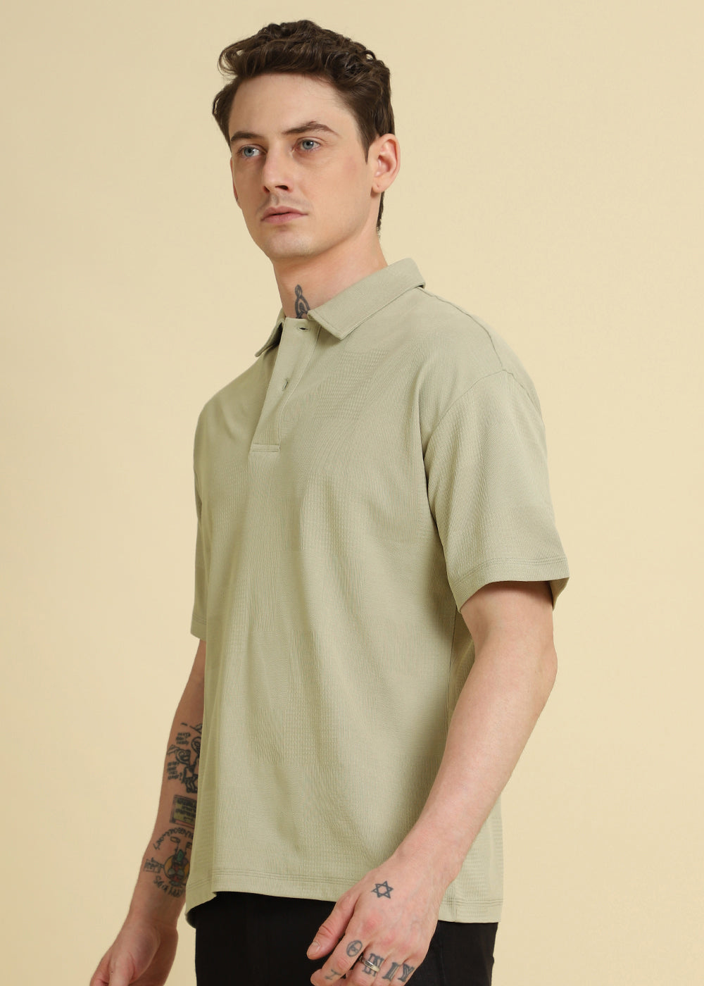 Green Patterned Drop Shoulder Polo T-shirt