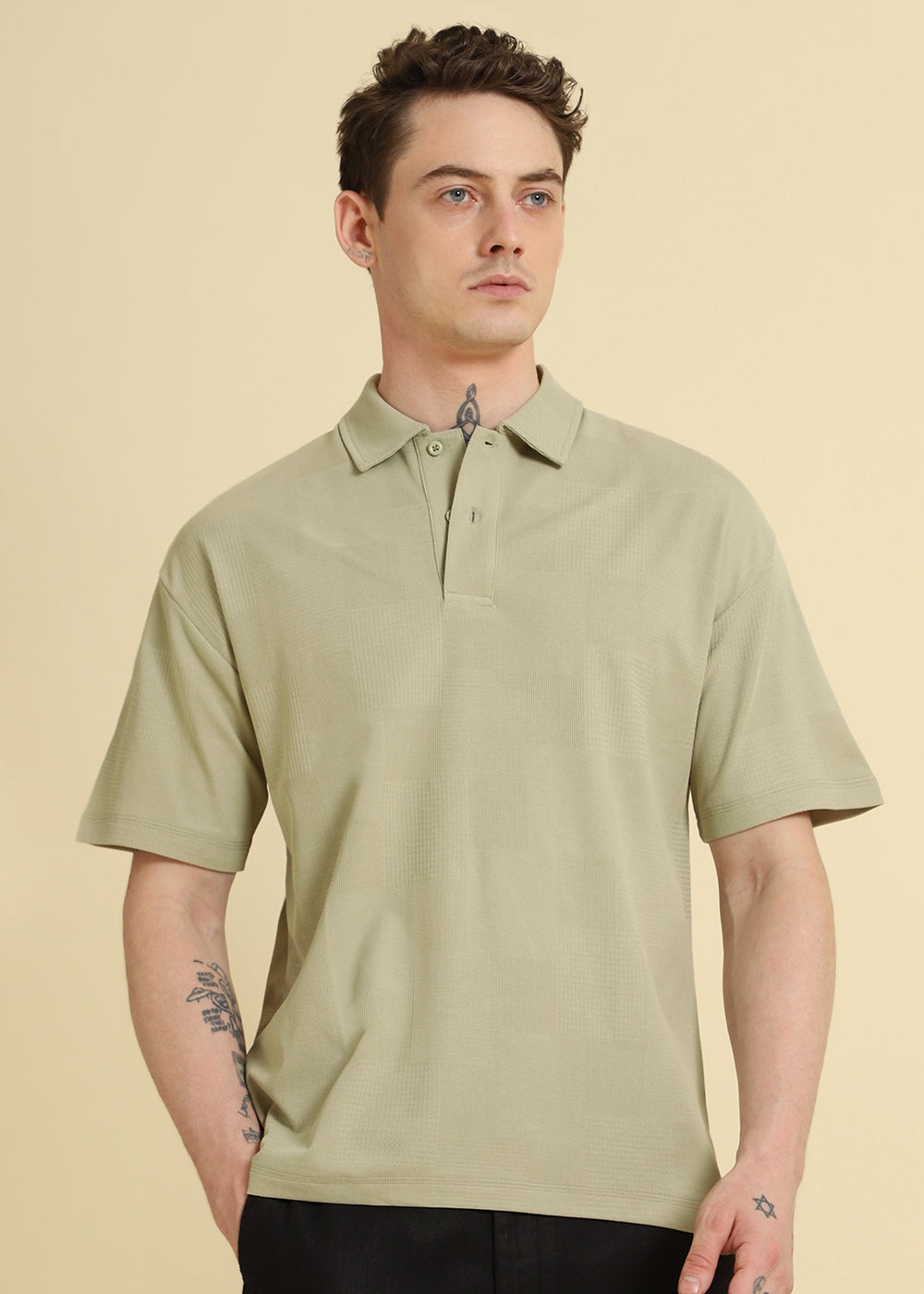 Green Patterned Drop Shoulder Polo T-shirt