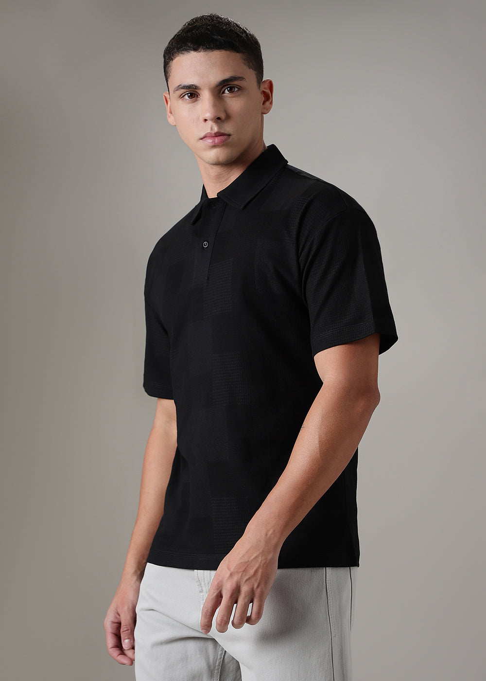 Textured Weave Black Polo T-shirt