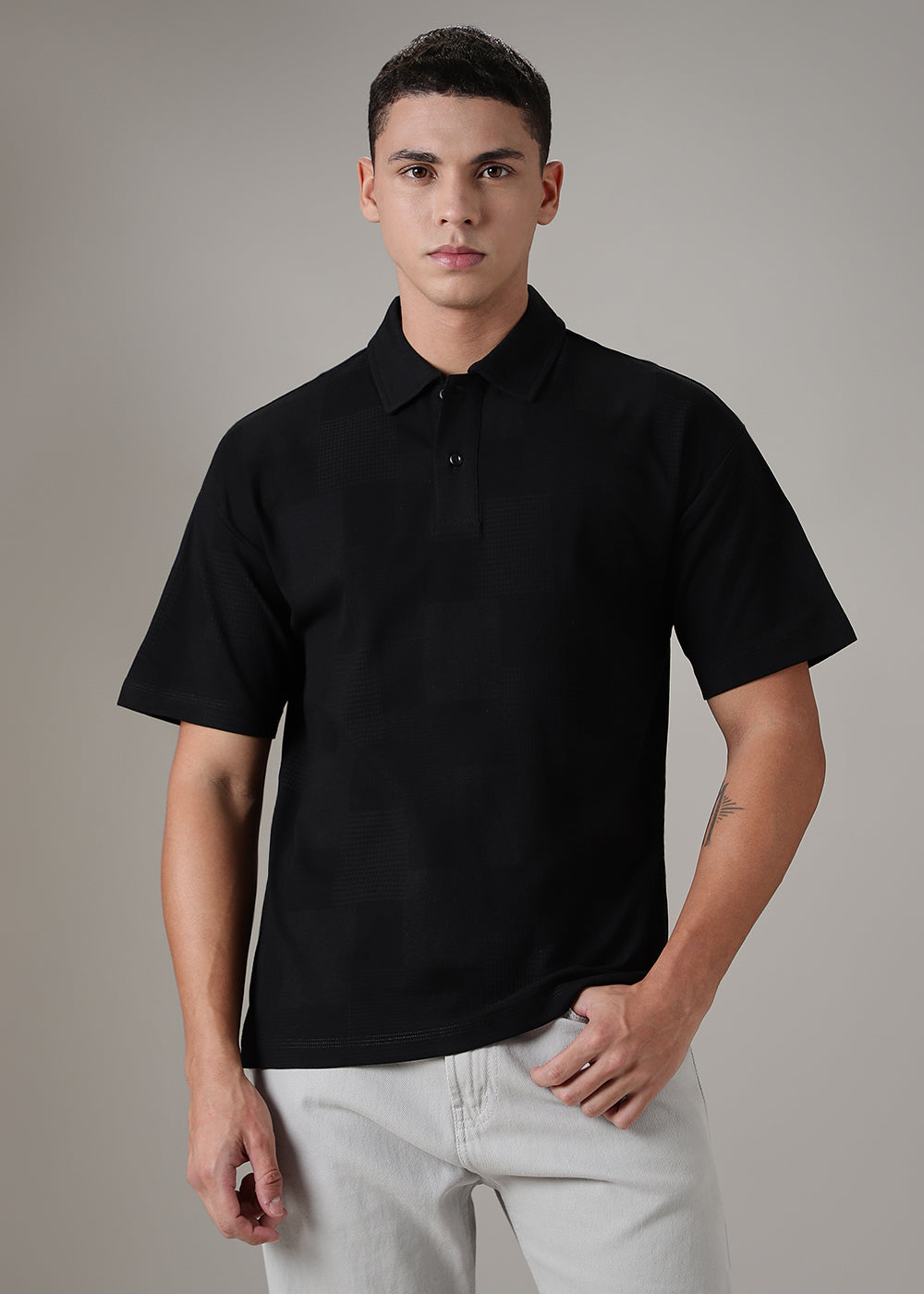 Textured Weave Black Polo T-shirt