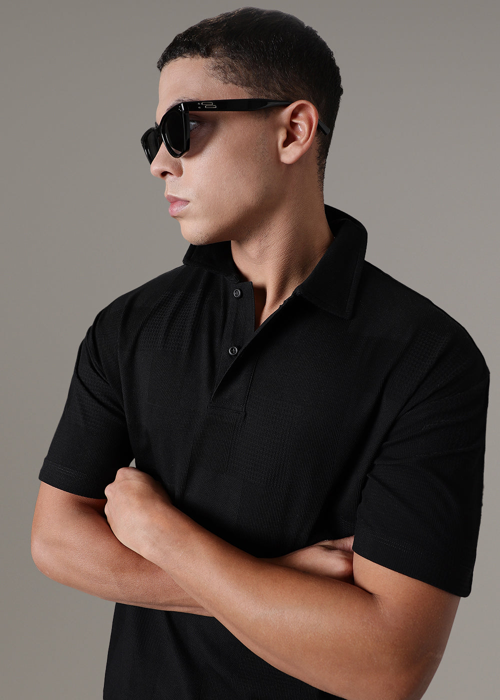 Textured Weave Black Polo T-shirt