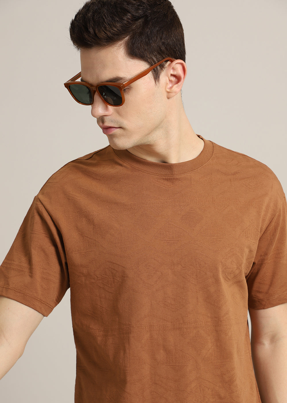 Brown Self Pattern Regular T-Shirt