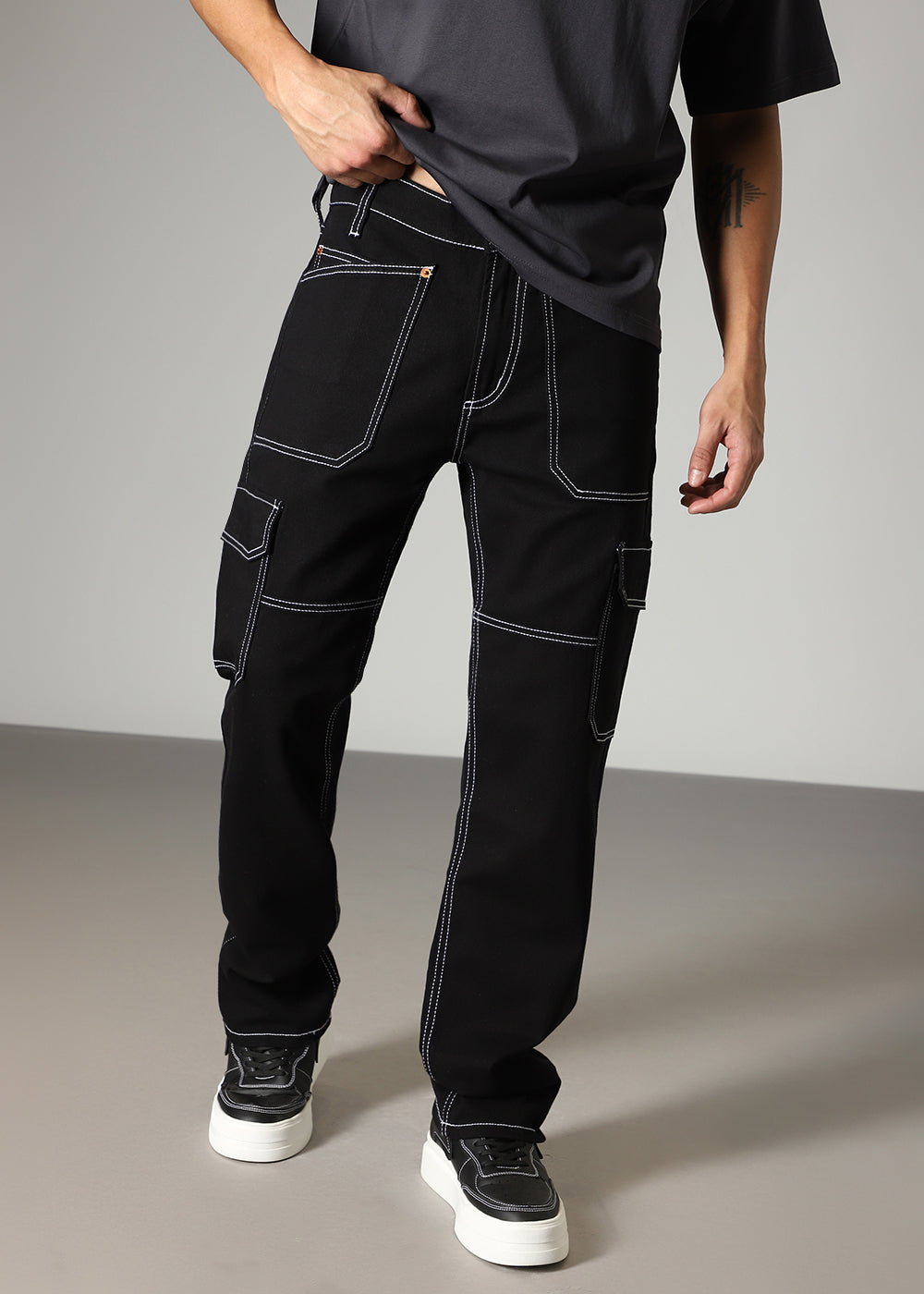 Top Stitched Black Denim Cargo