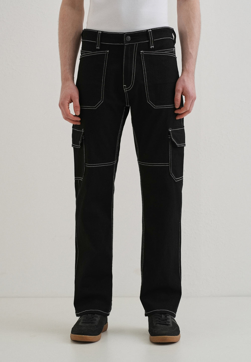 Top Stitched Black Denim Cargo