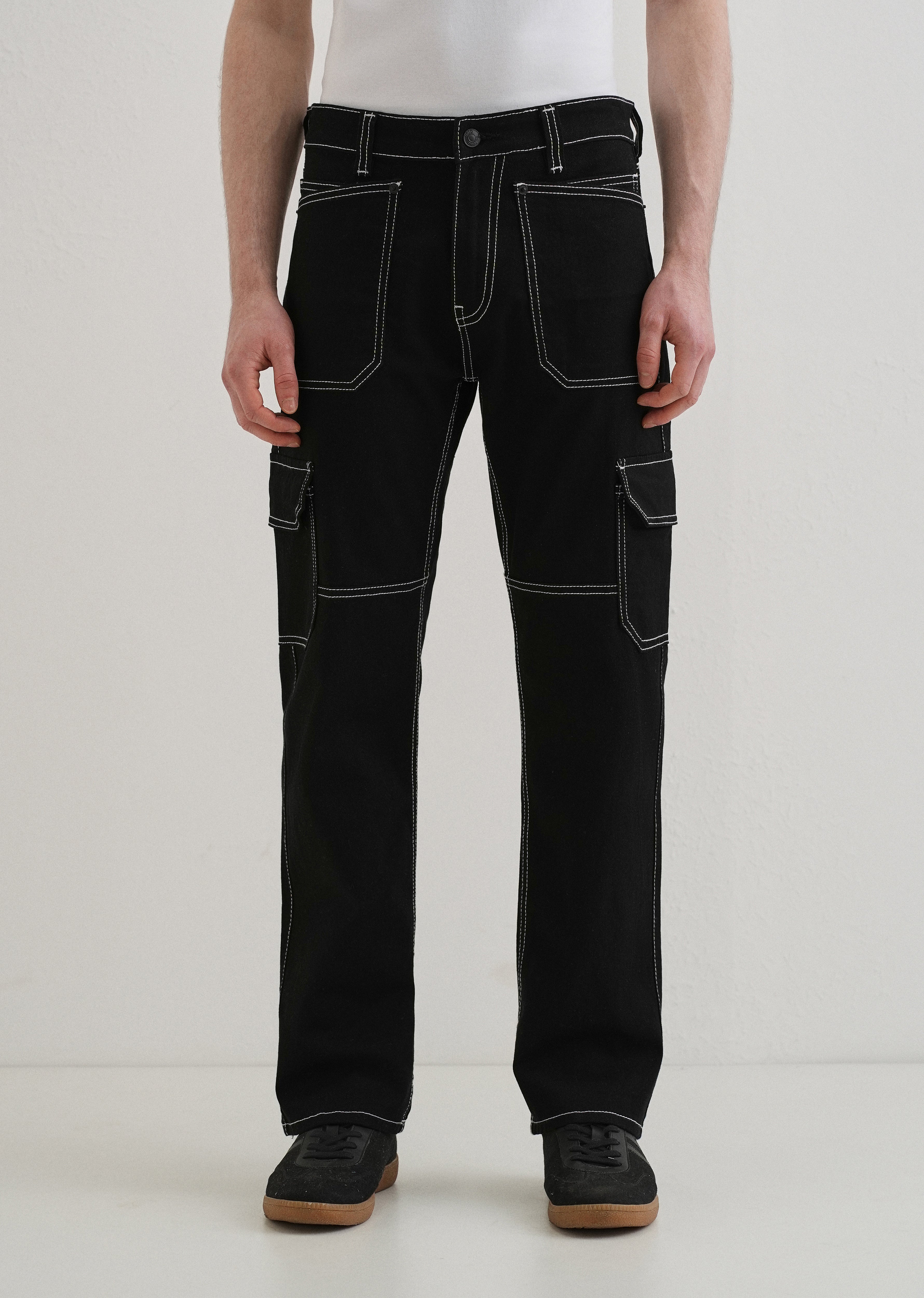 Top Stitched Black Denim Cargo