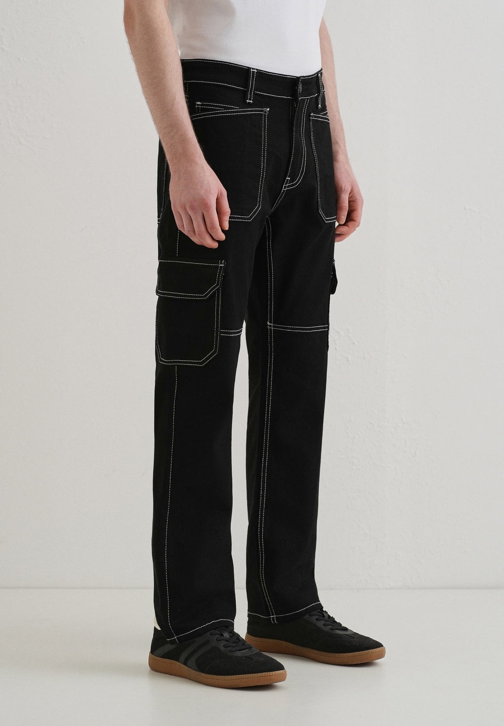 Top Stitched Black Denim Cargo