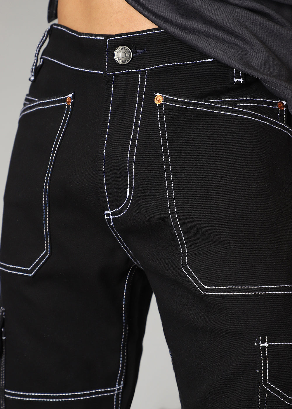 Top Stitched Black Denim Cargo