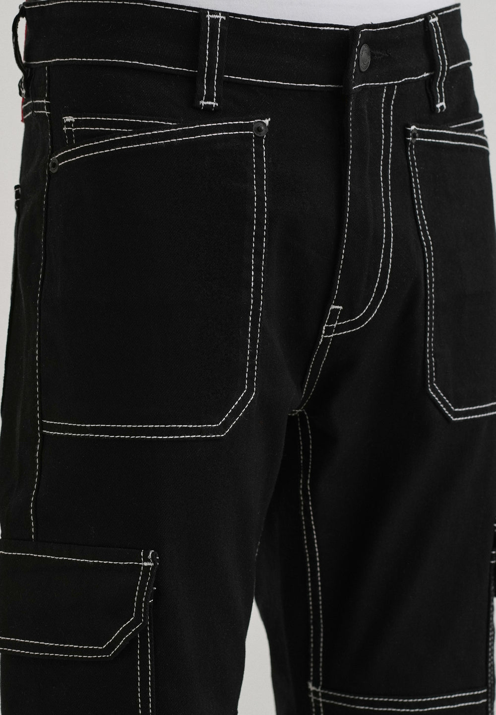 Top Stitched Black Denim Cargo