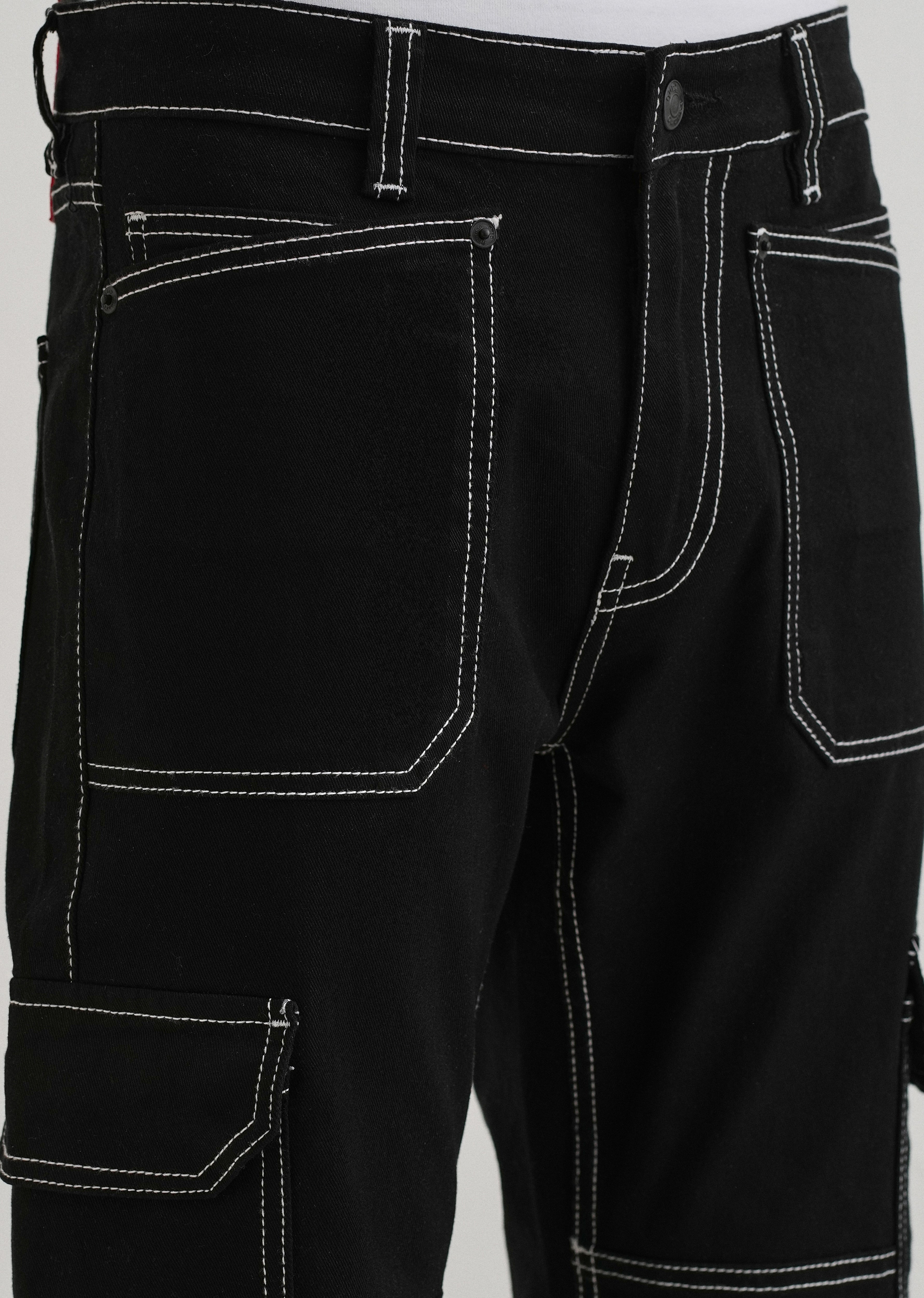 Top Stitched Black Denim Cargo